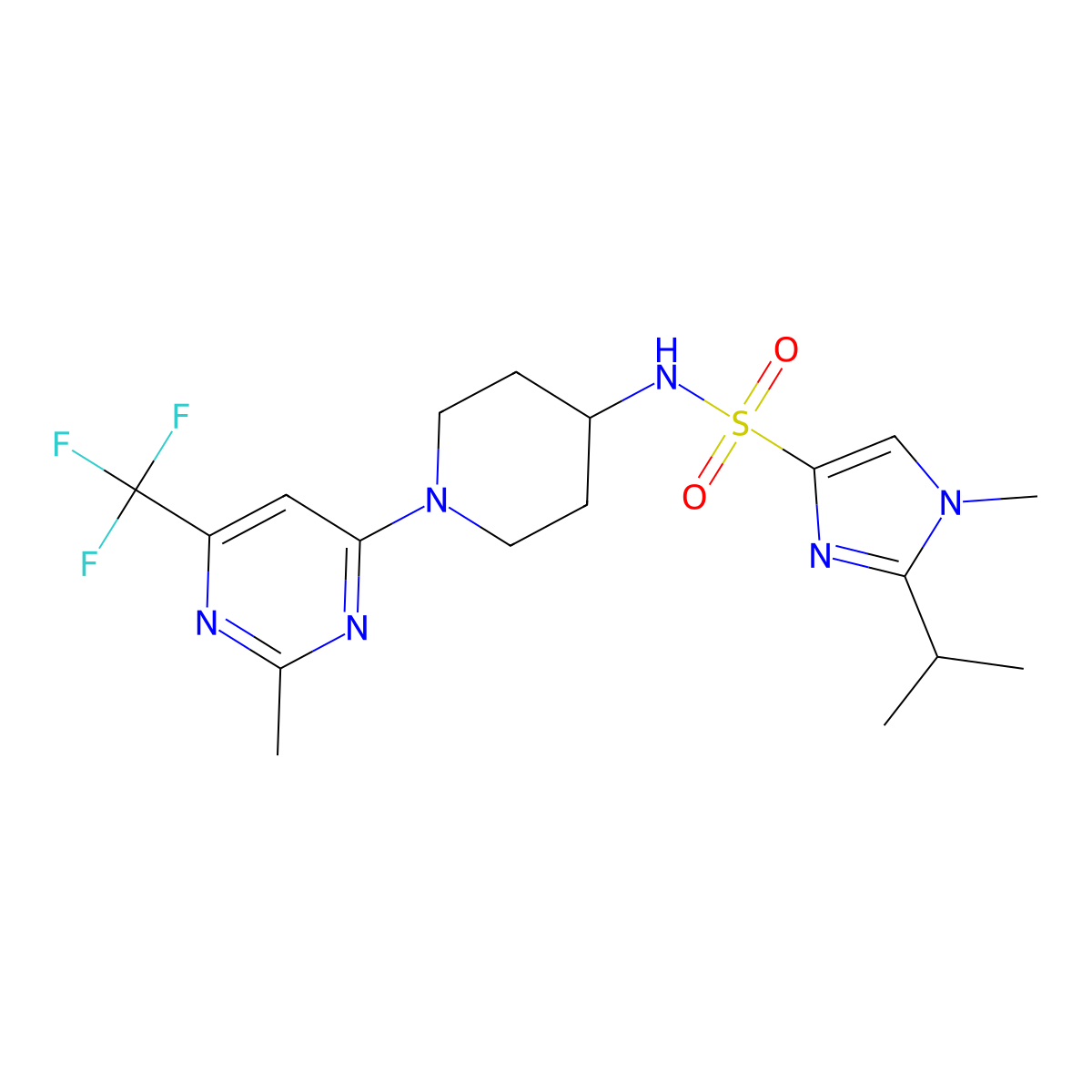 1-methyl-N-{1-[2-methyl-6-(trifluoromethyl)pyrimidin-4-yl]piperidin-4-yl}-2-(propan-2-yl)-1H-imidazole-4-sulfonamide molecular structure, CAS 2097858-16-5