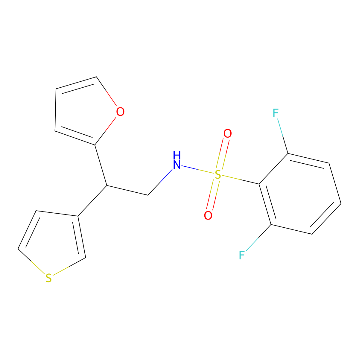 2,6-difluoro-N-[2-(furan-2-yl)-2-(thiophen-3-yl)ethyl]benzene-1-sulfonamide molecular structure, CAS 2097858-18-7