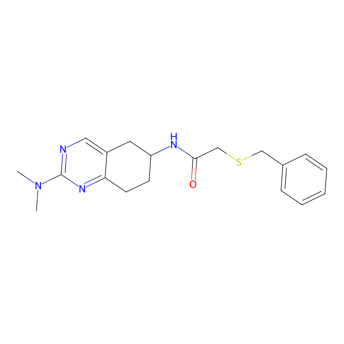 2-(benzylsulfanyl)-N-[2-(dimethylamino)-5,6,7,8-tetrahydroquinazolin-6-yl]acetamide molecular structure, CAS 2097858-21-2