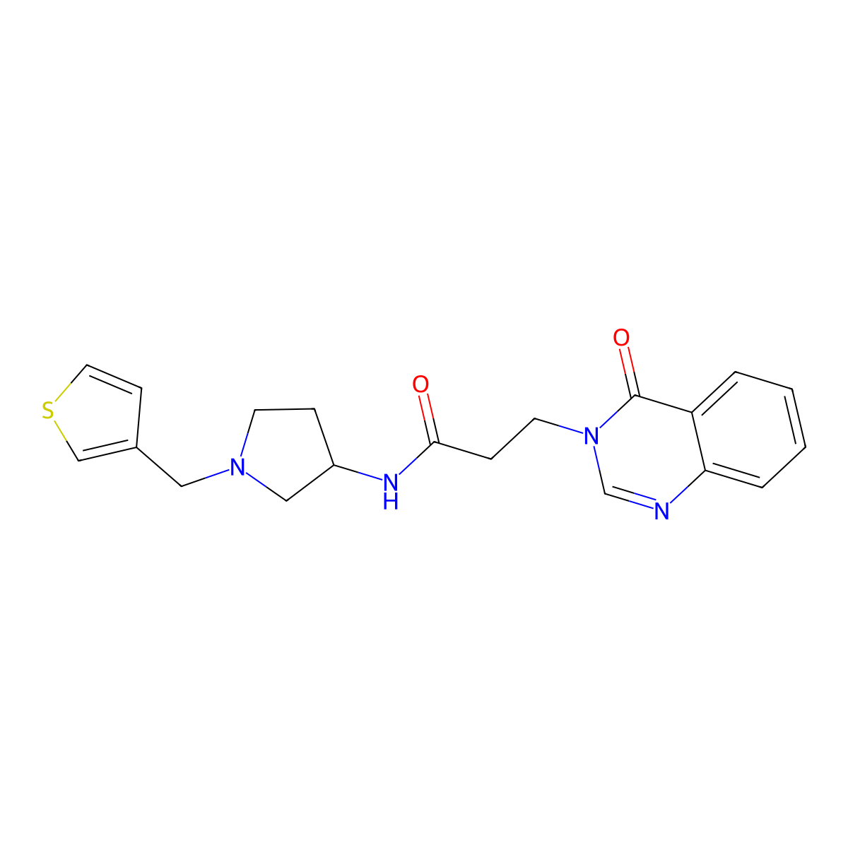 3-(4-oxo-3,4-dihydroquinazolin-3-yl)-N-{1-[(thiophen-3-yl)methyl]pyrrolidin-3-yl}propanamide molecular structure, CAS 2097858-26-7