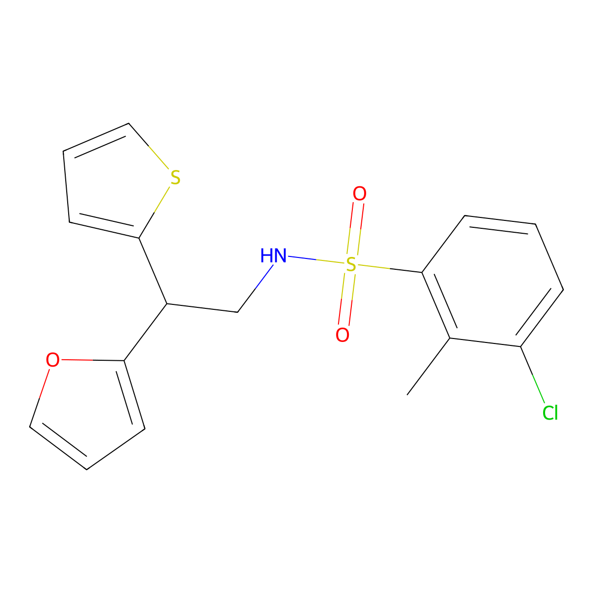 3-chloro-N-[2-(furan-2-yl)-2-(thiophen-2-yl)ethyl]-2-methylbenzene-1-sulfonamide molecular structure, CAS 2097858-30-3