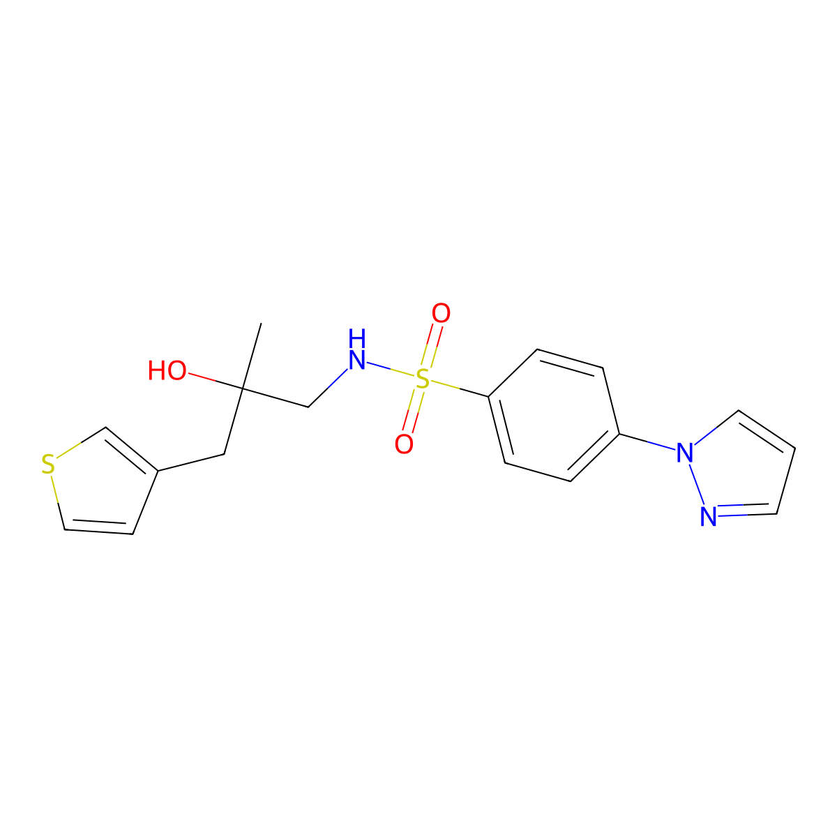 N-{2-hydroxy-2-[(thiophen-3-yl)methyl]propyl}-4-(1H-pyrazol-1-yl)benzene-1-sulfonamide molecular structure, CAS 2097858-33-6