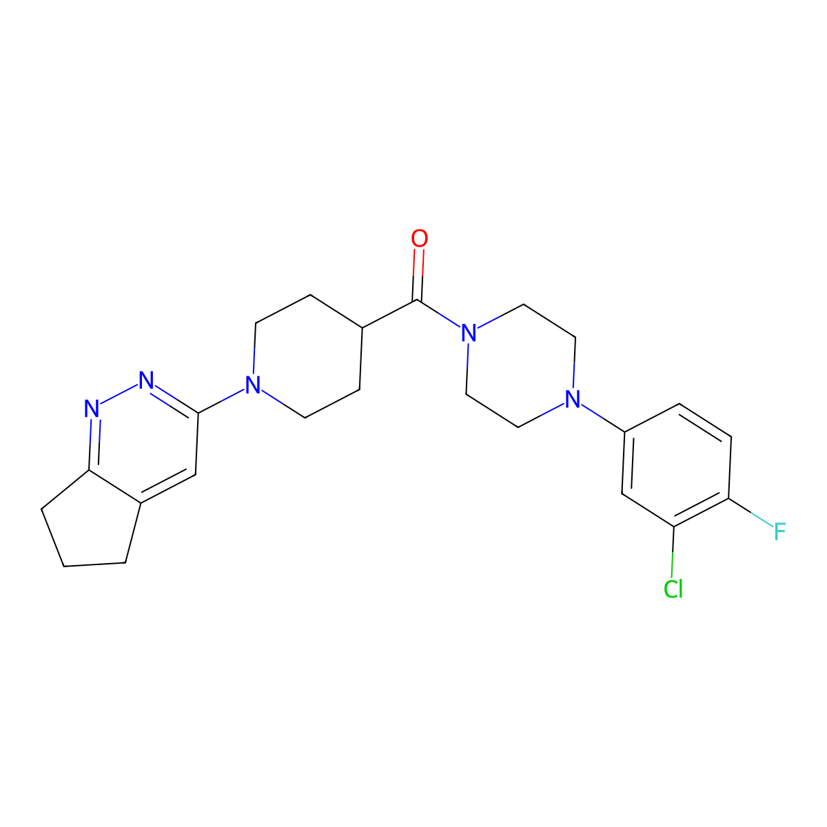 1-(3-chloro-4-fluorophenyl)-4-(1-{5H,6H,7H-cyclopenta[c]pyridazin-3-yl}piperidine-4-carbonyl)piperazine molecular structure, CAS 2097858-53-0