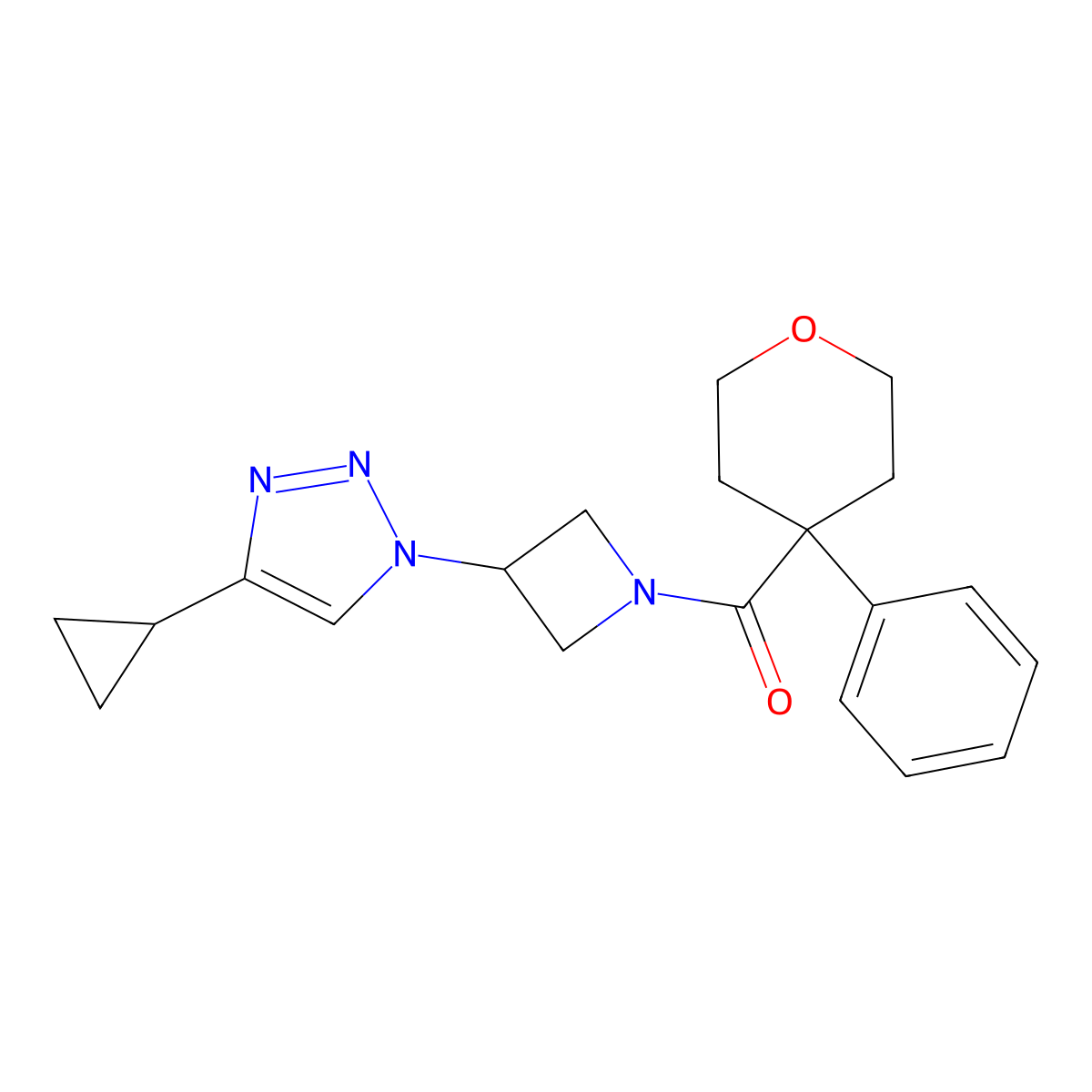 (3-(4-cyclopropyl-1H-1,2,3-triazol-1-yl)azetidin-1-yl)(4-phenyltetrahydro-2H-pyran-4-yl)methanone molecular structure, CAS 2097858-69-8