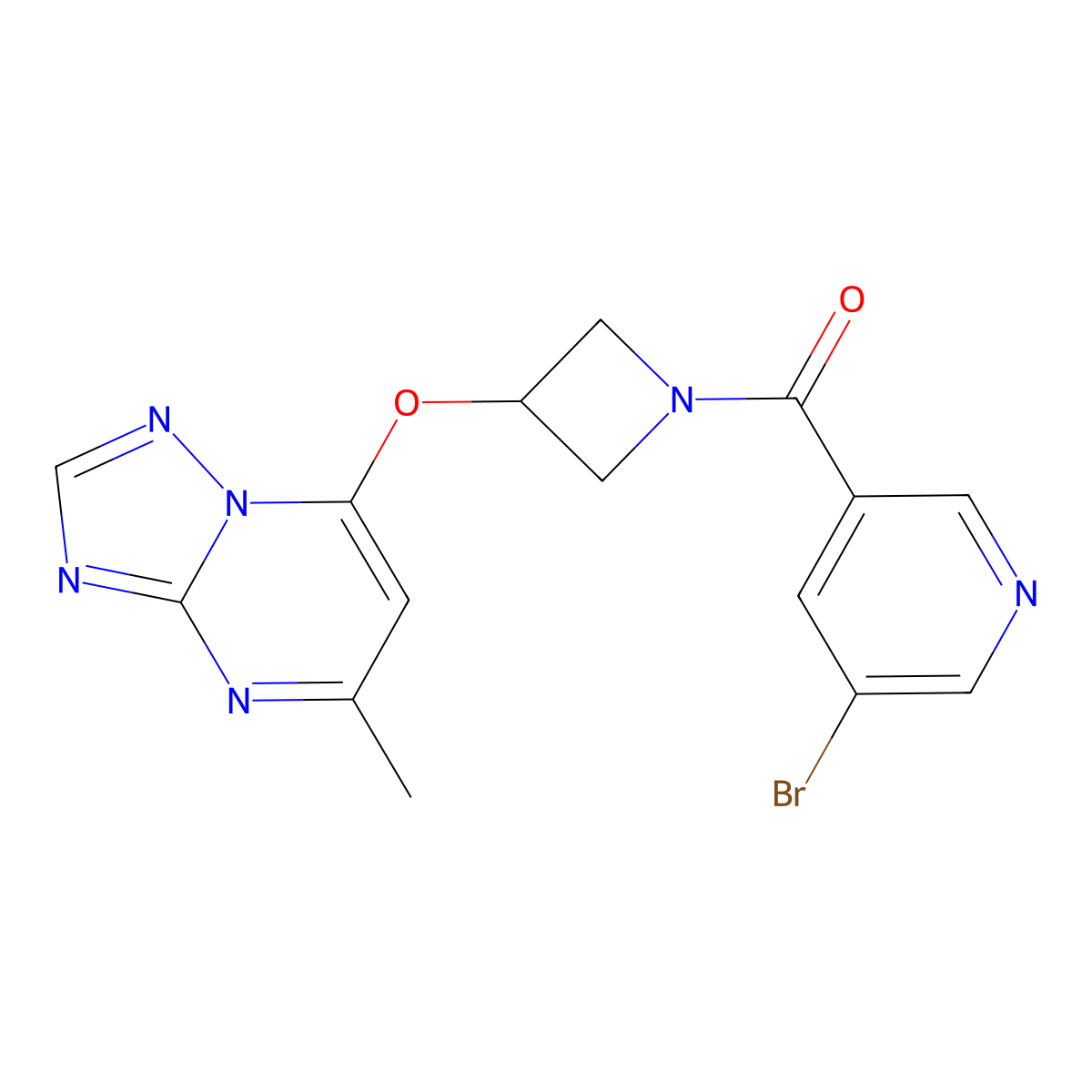 3-Bromo-5-[3-({5-methyl-[1,2,4]triazolo[1,5-a]pyrimidin-7-yl}oxy)azetidine-1-carbonyl]pyridine molecular structure, CAS 2097858-99-4