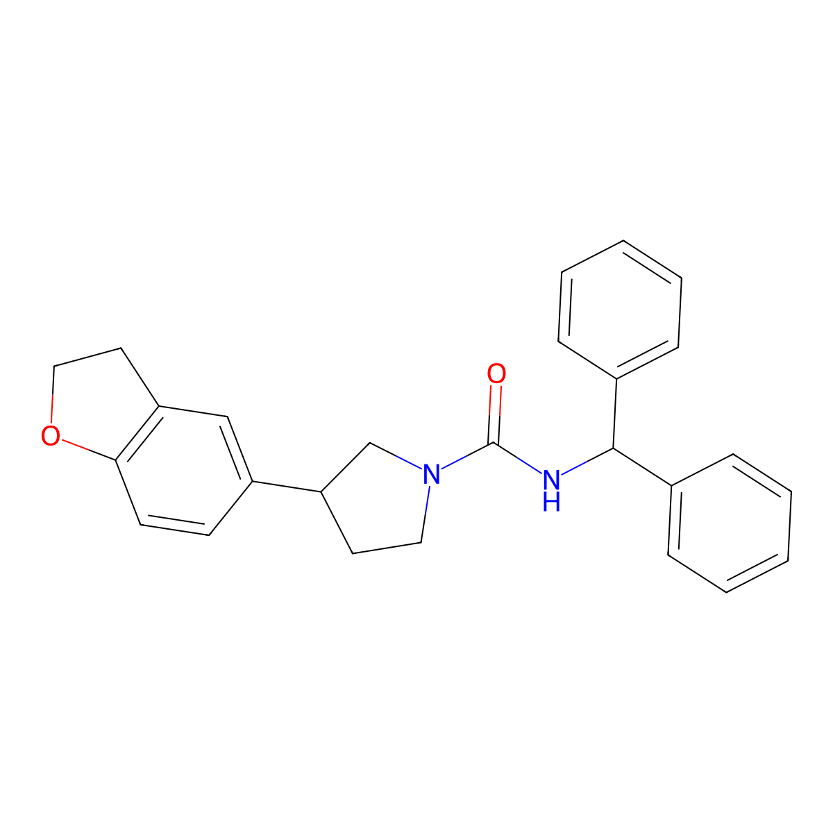 3-(2,3-dihydro-1-benzofuran-5-yl)-N-(diphenylmethyl)pyrrolidine-1-carboxamide molecular structure, CAS 2097859-39-5