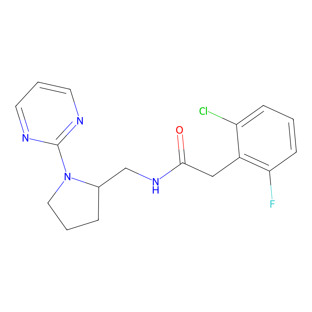 2-(2-chloro-6-fluorophenyl)-N-{[1-(pyrimidin-2-yl)pyrrolidin-2-yl]methyl}acetamide molecular structure, CAS 2097859-67-9