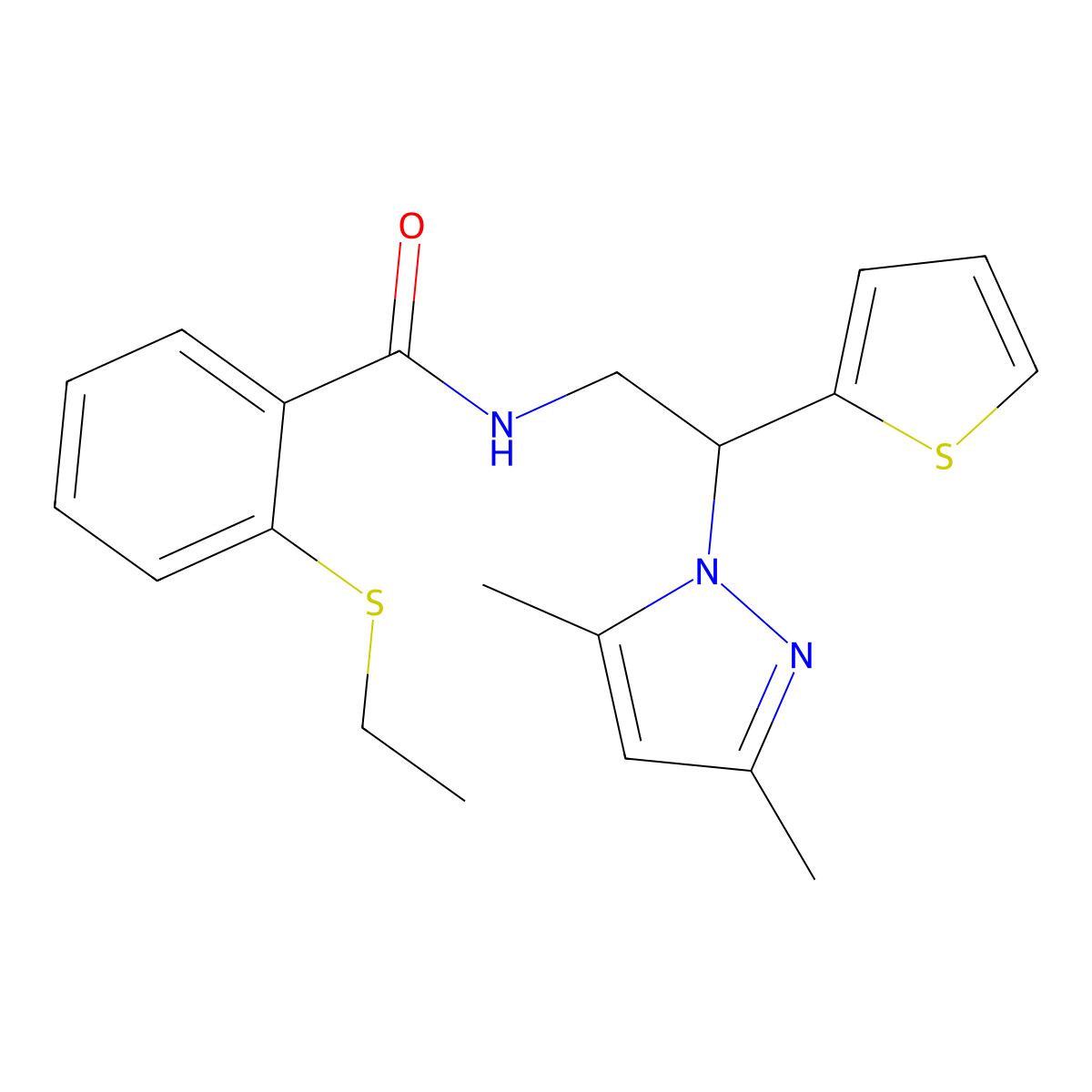 N-(2-(3,5-dimethyl-1H-pyrazol-1-yl)-2-(thiophen-2-yl)ethyl)-2-(ethylthio)benzamide molecular structure, CAS 2097859-72-6