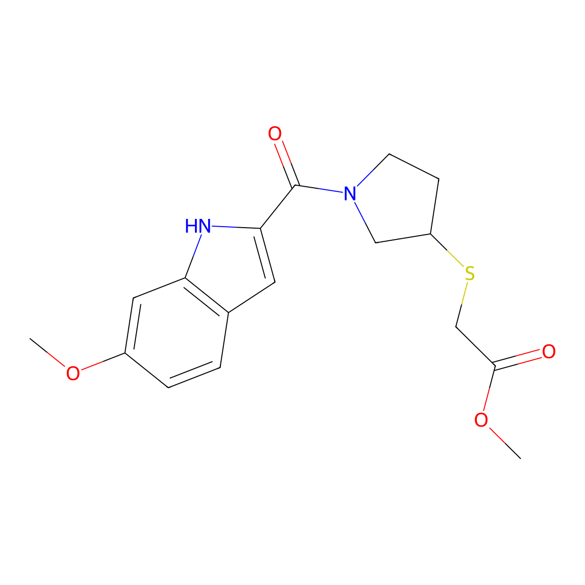 methyl 2-{[1-(6-methoxy-1H-indole-2-carbonyl)pyrrolidin-3-yl]sulfanyl}acetate molecular structure, CAS 2097860-04-1