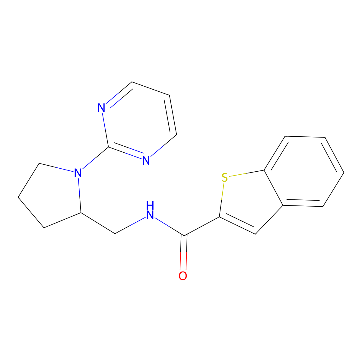 N-{[1-(pyrimidin-2-yl)pyrrolidin-2-yl]methyl}-1-benzothiophene-2-carboxamide molecular structure, CAS 2097860-36-9
