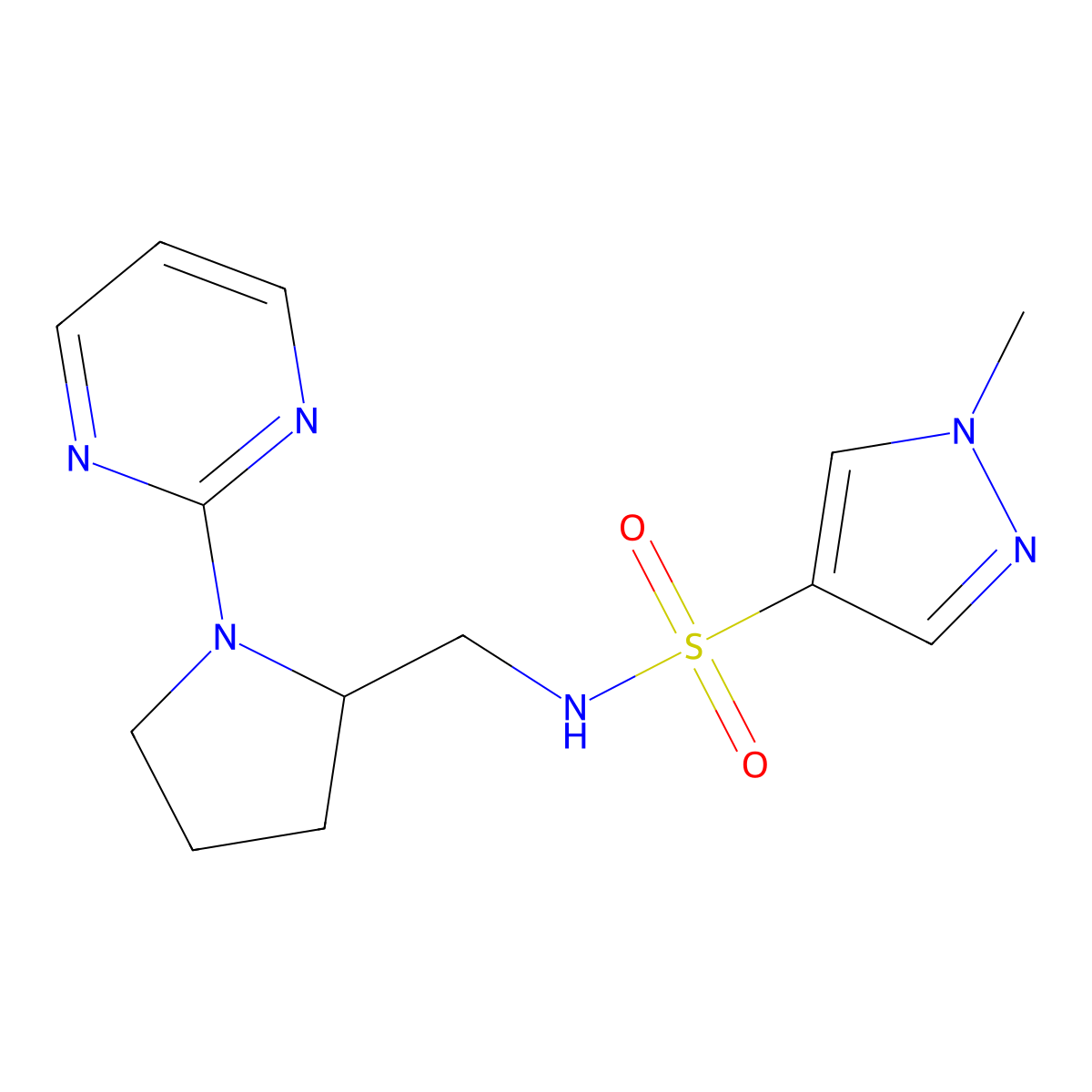 1-methyl-N-{[1-(pyrimidin-2-yl)pyrrolidin-2-yl]methyl}-1H-pyrazole-4-sulfonamide molecular structure, CAS 2097860-47-2