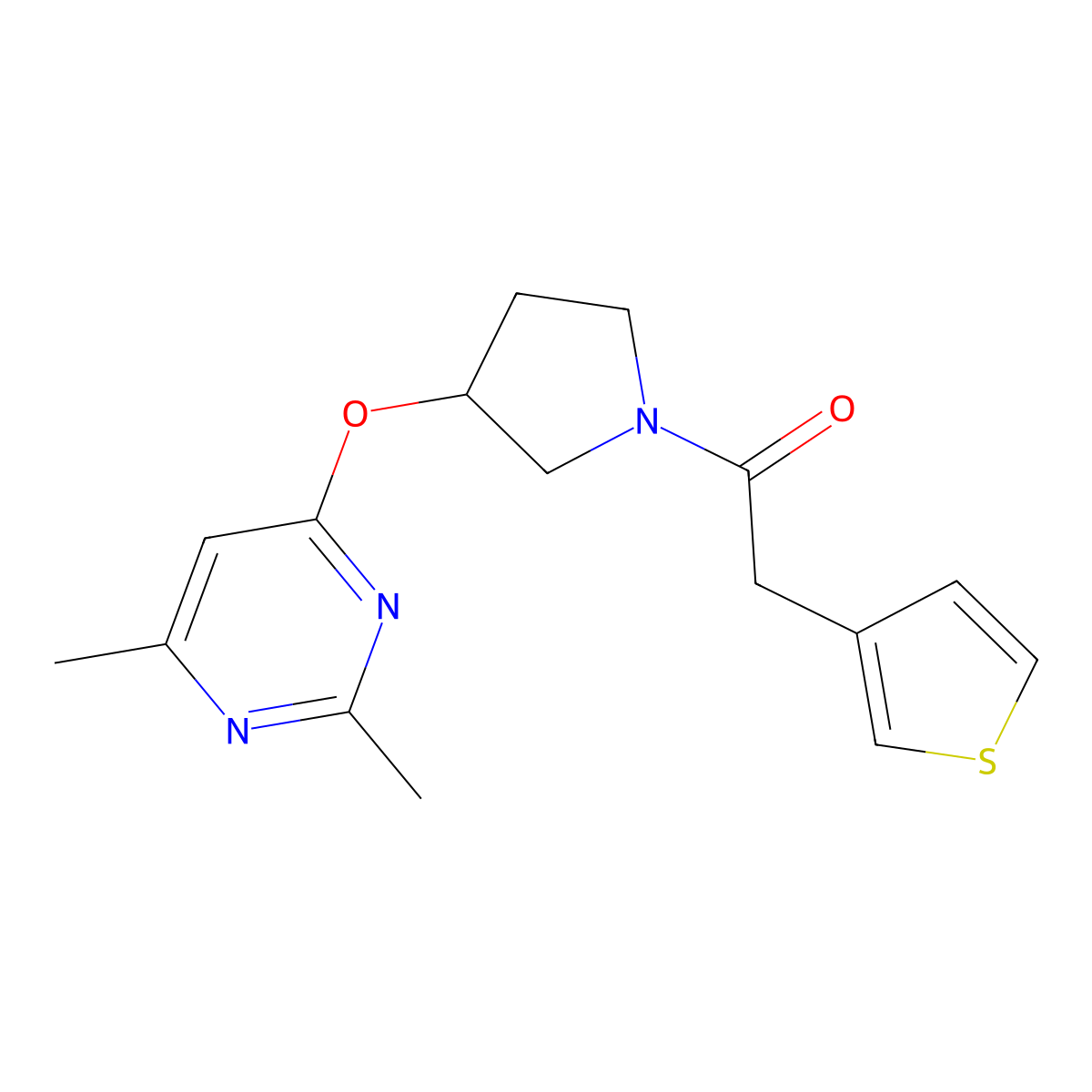 1-{3-[(2,6-Dimethylpyrimidin-4-yl)oxy]pyrrolidin-1-yl}-2-(thiophen-3-yl)ethan-1-one molecular structure, CAS 2097860-50-7
