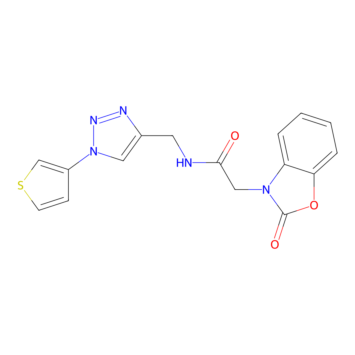 2-(2-oxobenzo[d]oxazol-3(2H)-yl)-N-((1-(thiophen-3-yl)-1H-1,2,3-triazol-4-yl)methyl)acetamide molecular structure, CAS 2097860-55-2