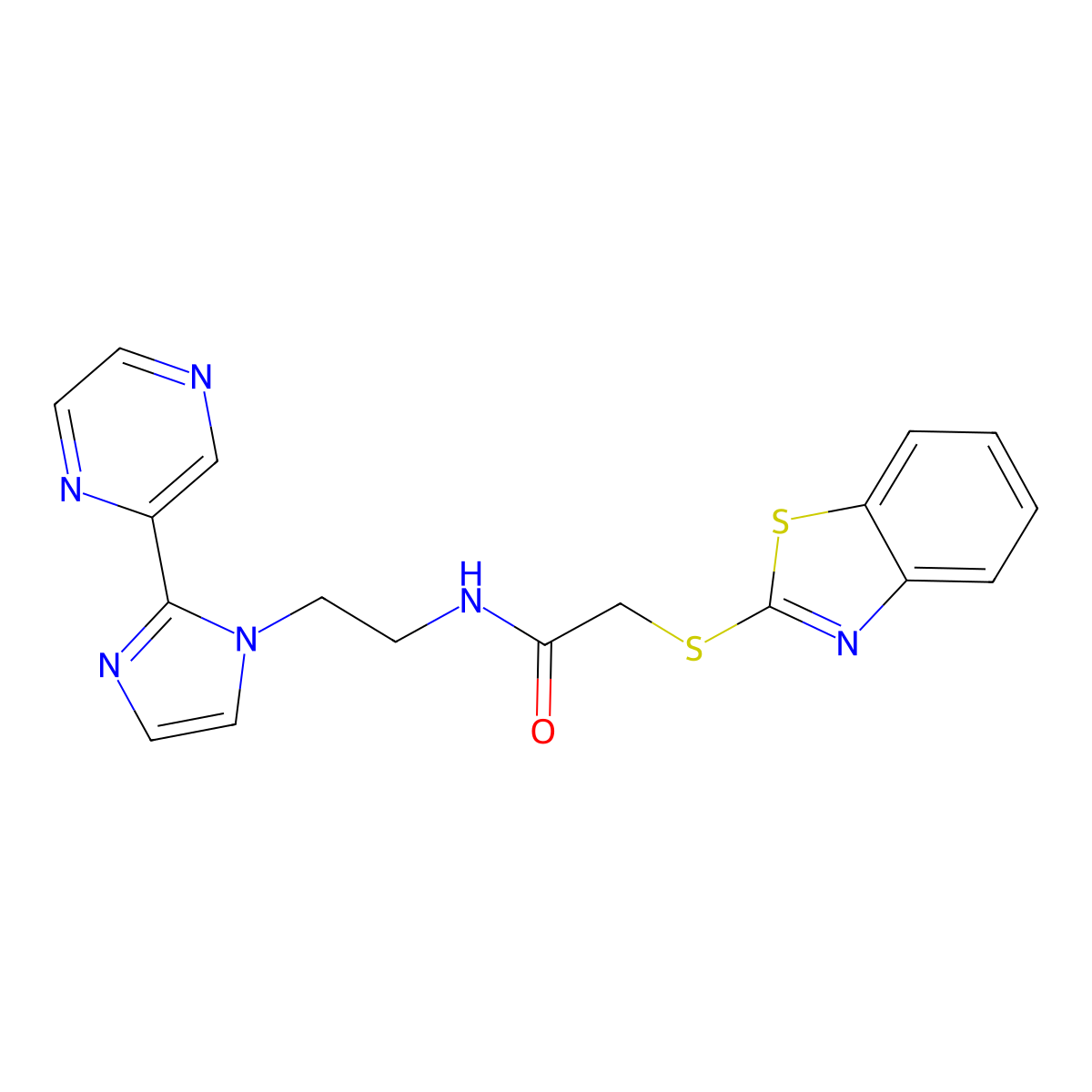 2-(1,3-benzothiazol-2-ylsulfanyl)-N-{2-[2-(pyrazin-2-yl)-1H-imidazol-1-yl]ethyl}acetamide molecular structure, CAS 2097860-56-3