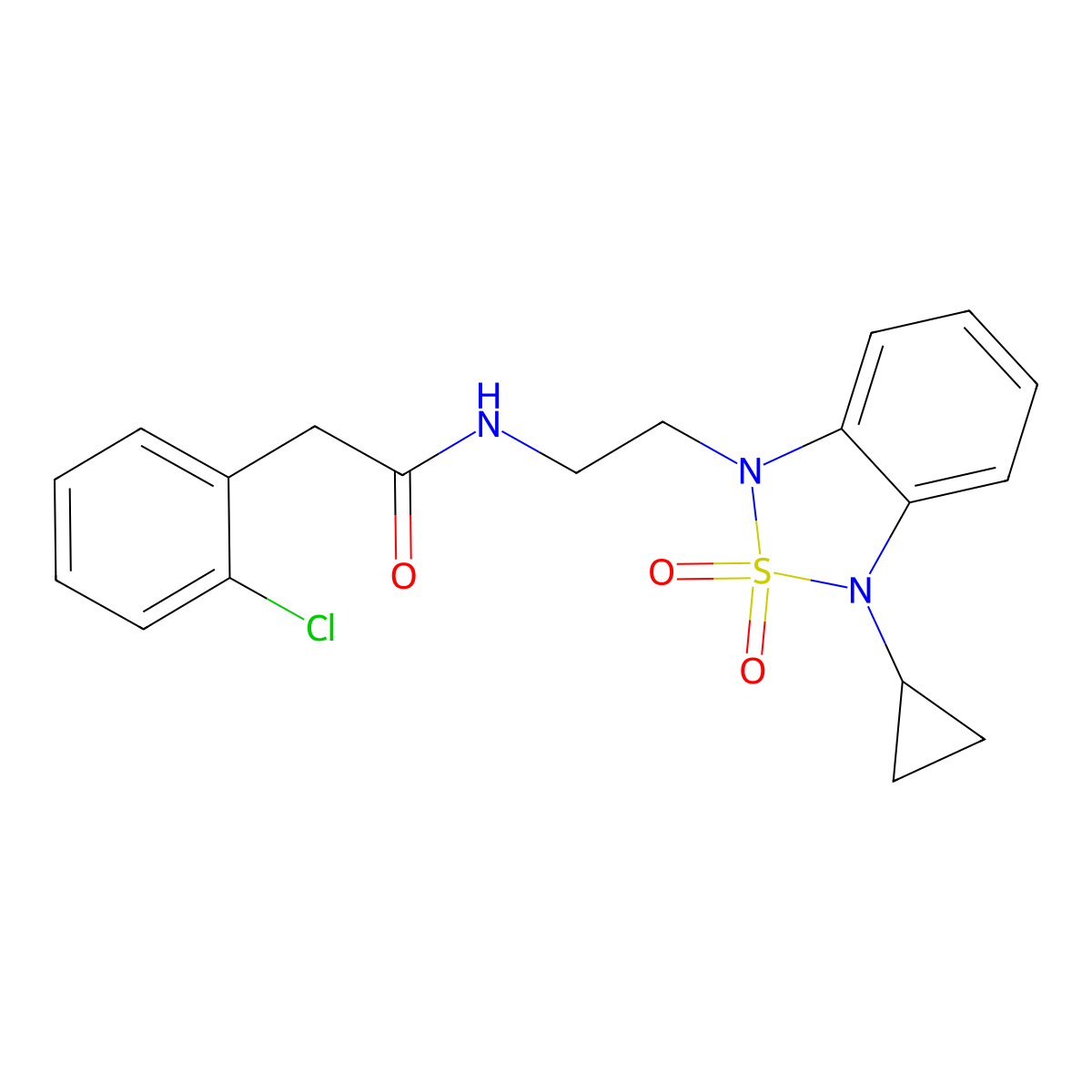 2-(2-chlorophenyl)-N-[2-(3-cyclopropyl-2,2-dioxo-1,3-dihydro-2lambda6,1,3-benzothiadiazol-1-yl)ethyl]acetamide molecular structure, CAS 2097860-82-5