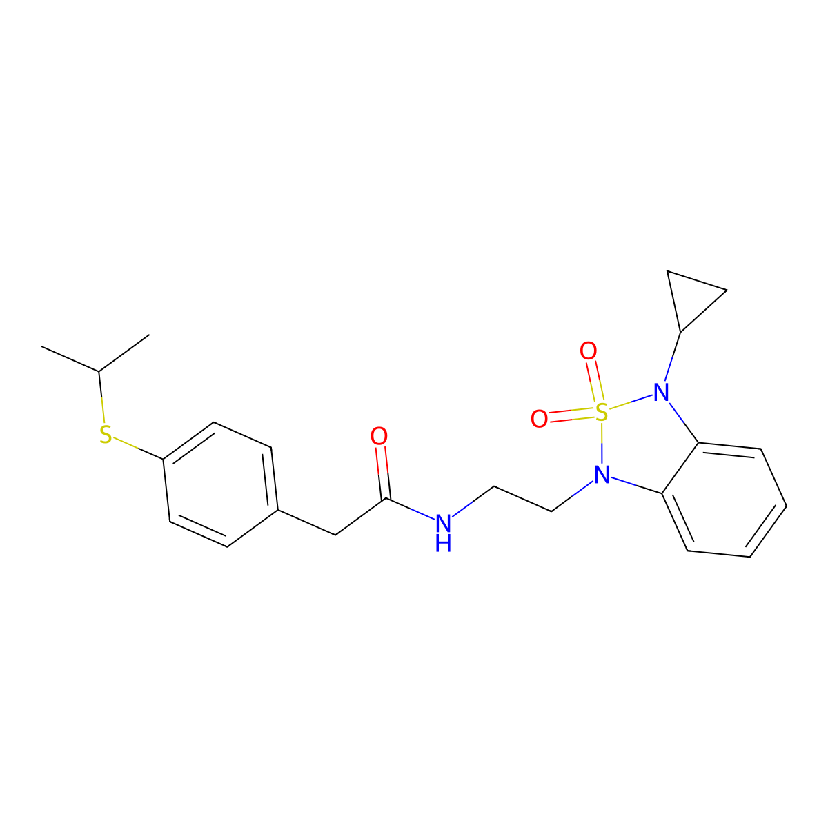 N-[2-(3-cyclopropyl-2,2-dioxo-1,3-dihydro-2lambda6,1,3-benzothiadiazol-1-yl)ethyl]-2-[4-(propan-2-ylsulfanyl)phenyl]acetamide molecular structure, CAS 2097861-04-4