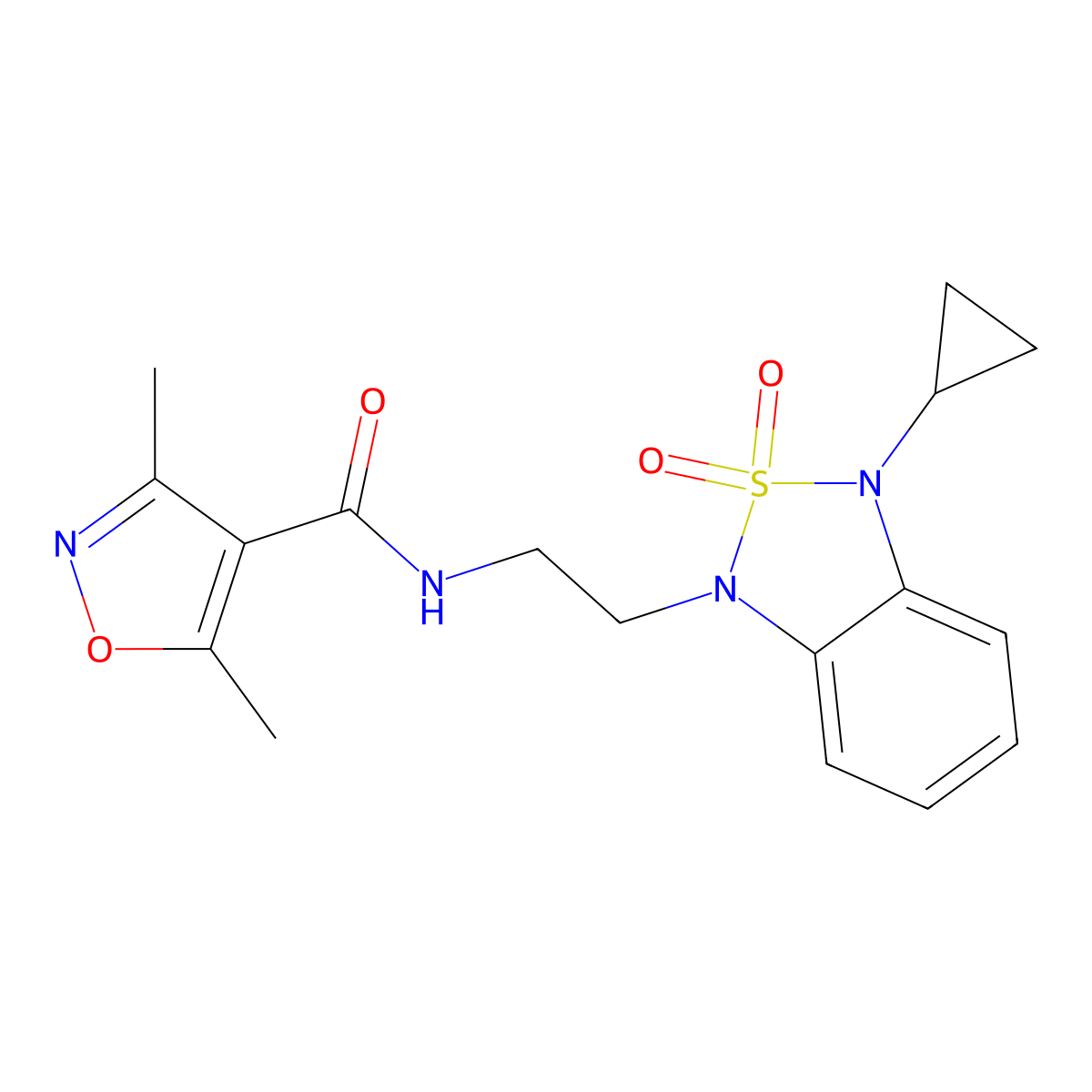 N-[2-(3-cyclopropyl-2,2-dioxo-1,3-dihydro-2lambda6,1,3-benzothiadiazol-1-yl)ethyl]-3,5-dimethyl-1,2-oxazole-4-carboxamide molecular structure, CAS 2097861-14-6