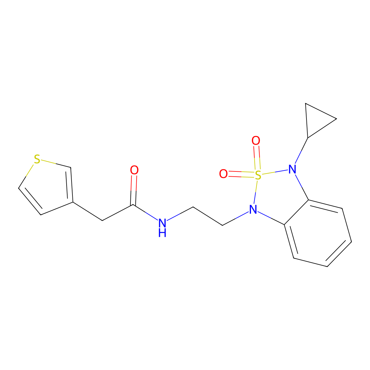 N-[2-(3-cyclopropyl-2,2-dioxo-1,3-dihydro-2lambda6,1,3-benzothiadiazol-1-yl)ethyl]-2-(thiophen-3-yl)acetamide molecular structure, CAS 2097861-21-5