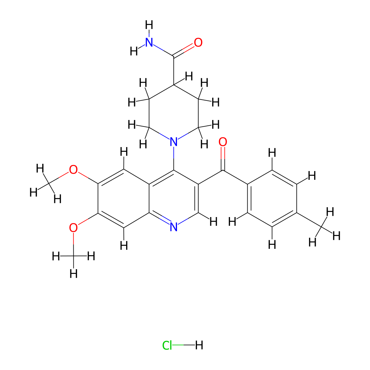 1-[6,7-Dimethoxy-3-(4-methylbenzoyl)quinolin-4-yl]piperidine-4-carboxamide hydrochloride molecular structure, CAS 2097861-25-9