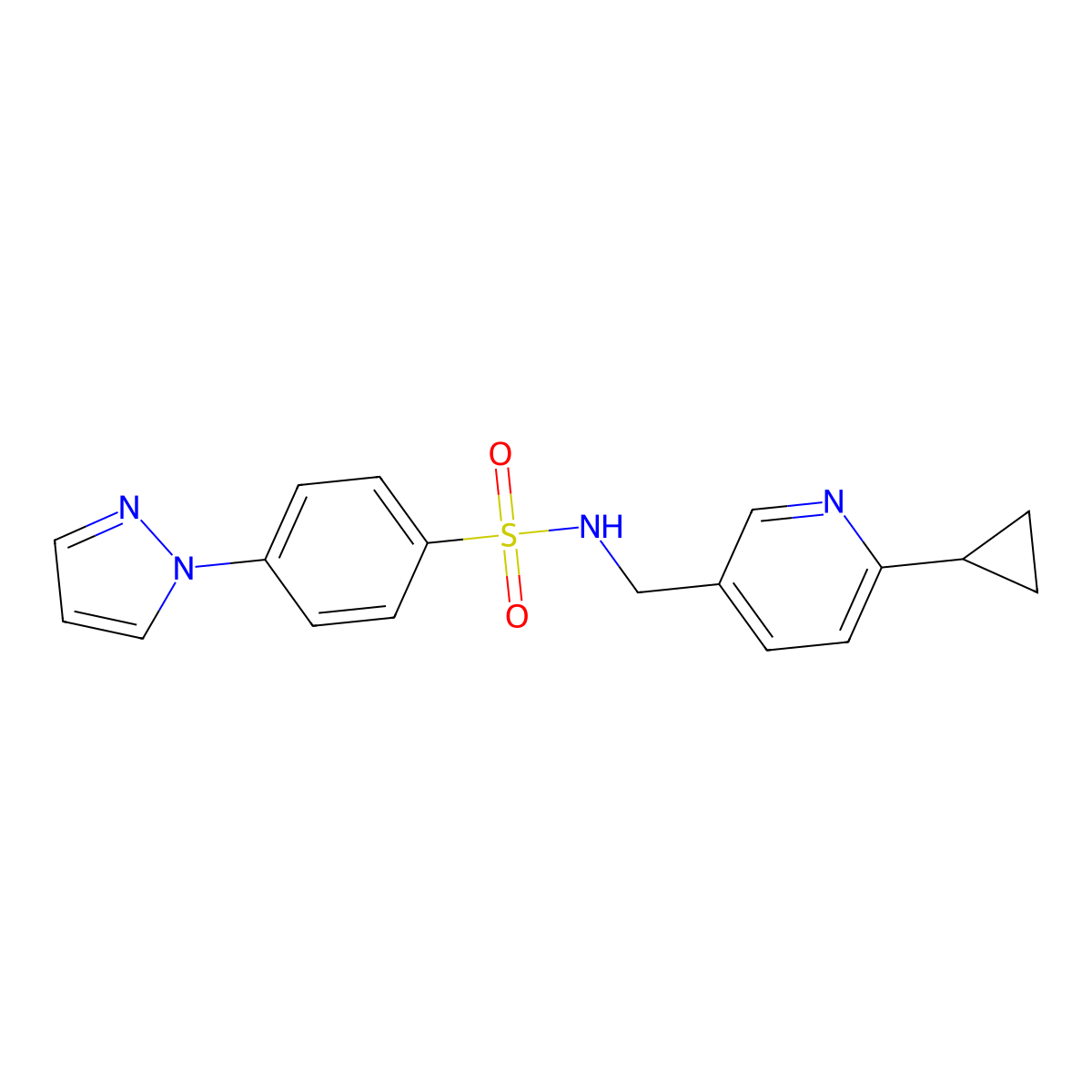 N-[(6-cyclopropylpyridin-3-yl)methyl]-4-(1H-pyrazol-1-yl)benzene-1-sulfonamide molecular structure, CAS 2097861-27-1