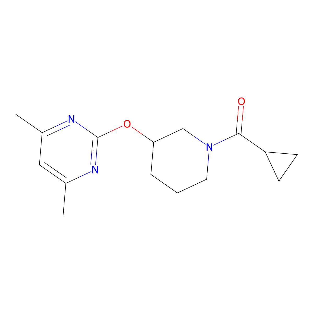 Cyclopropyl(3-((4,6-dimethylpyrimidin-2-yl)oxy)piperidin-1-yl)methanone molecular structure, CAS 2097861-37-3