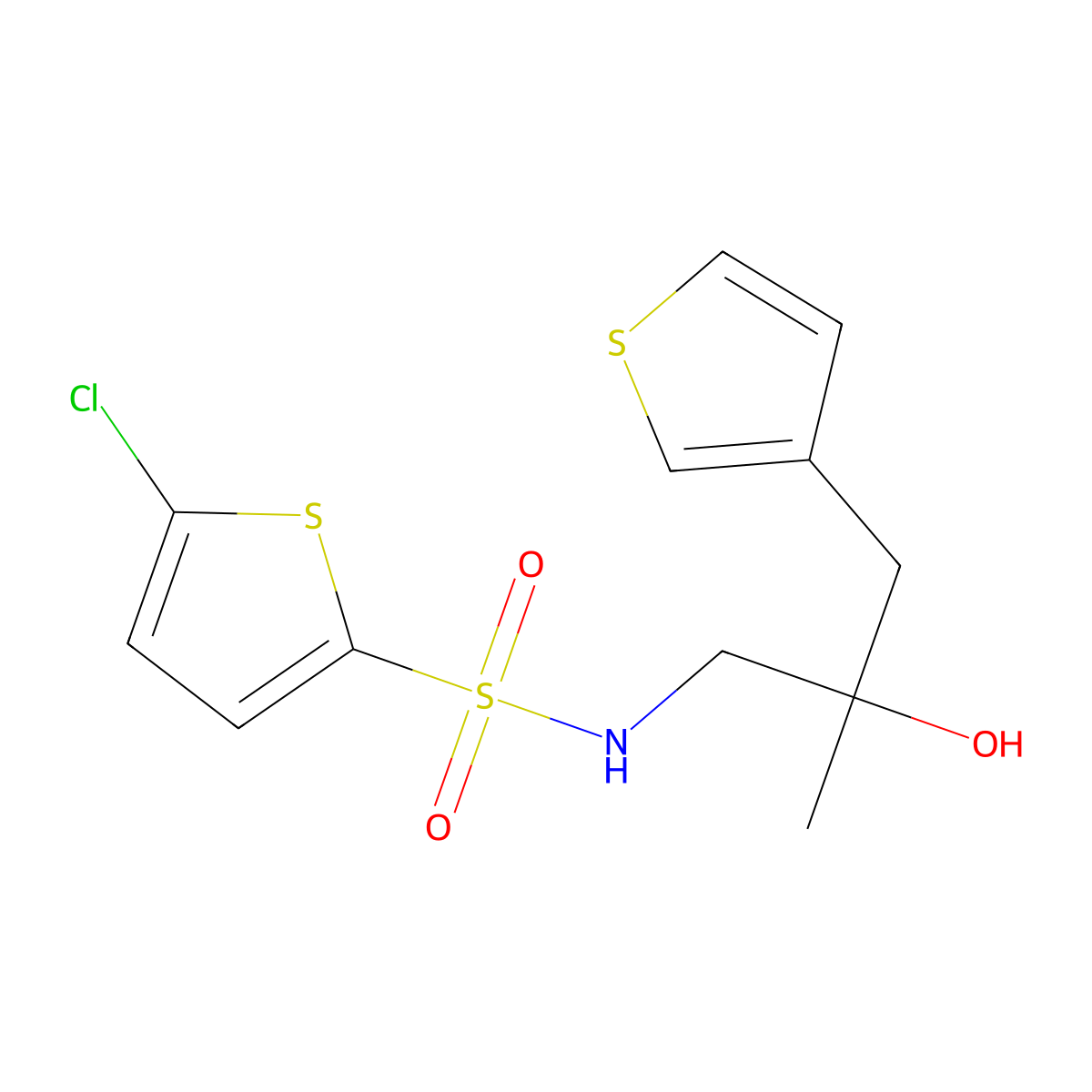 S-(5-chlorothiophen-2-yl)-2-hydroxy-2-methyl-3-(thiophen-3-yl)propane-1-sulfonamido molecular structure, CAS 2097861-38-4
