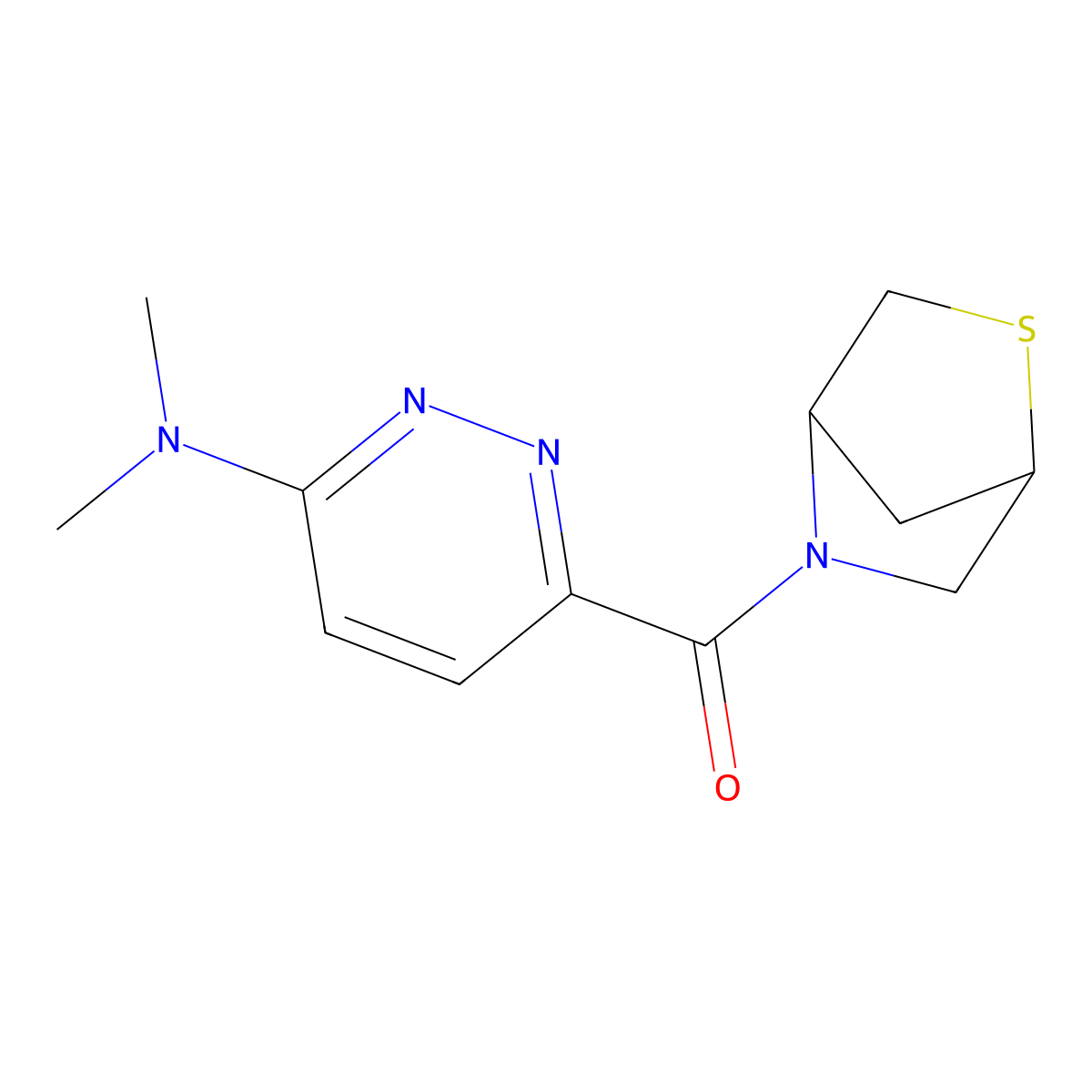 N,N-dimethyl-6-{2-thia-5-azabicyclo[2.2.1]heptane-5-carbonyl}pyridazin-3-amine molecular structure, CAS 2097861-51-1