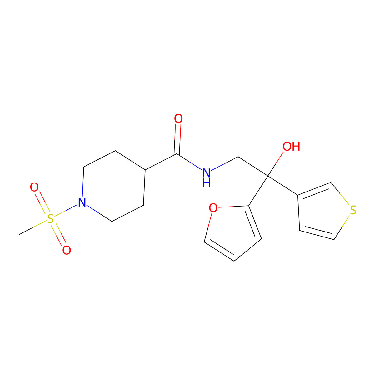 N-[2-(furan-2-yl)-2-hydroxy-2-(thiophen-3-yl)ethyl]-1-methanesulfonylpiperidine-4-carboxamide molecular structure, CAS 2097861-75-9