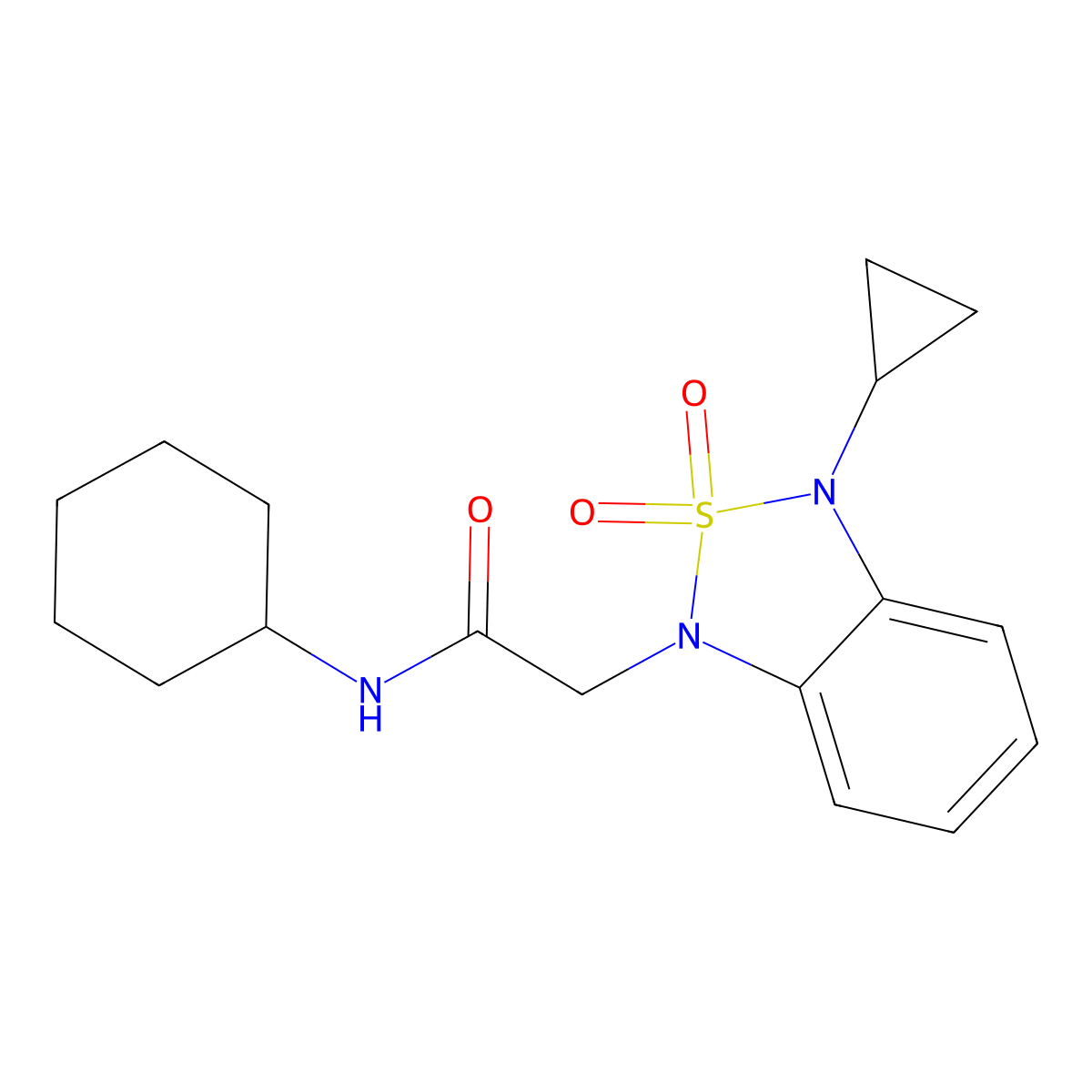 N-cyclohexyl-2-(3-cyclopropyl-2,2-dioxo-1,3-dihydro-2lambda6,1,3-benzothiadiazol-1-yl)acetamide molecular structure, CAS 2097861-83-9
