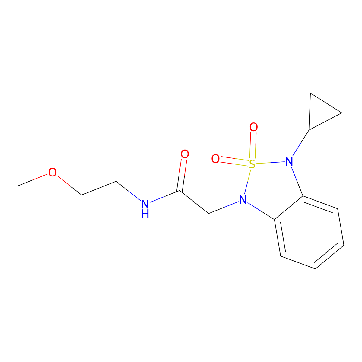 2-(3-cyclopropyl-2,2-dioxo-1,3-dihydro-2lambda6,1,3-benzothiadiazol-1-yl)-N-(2-methoxyethyl)acetamide molecular structure, CAS 2097861-96-4