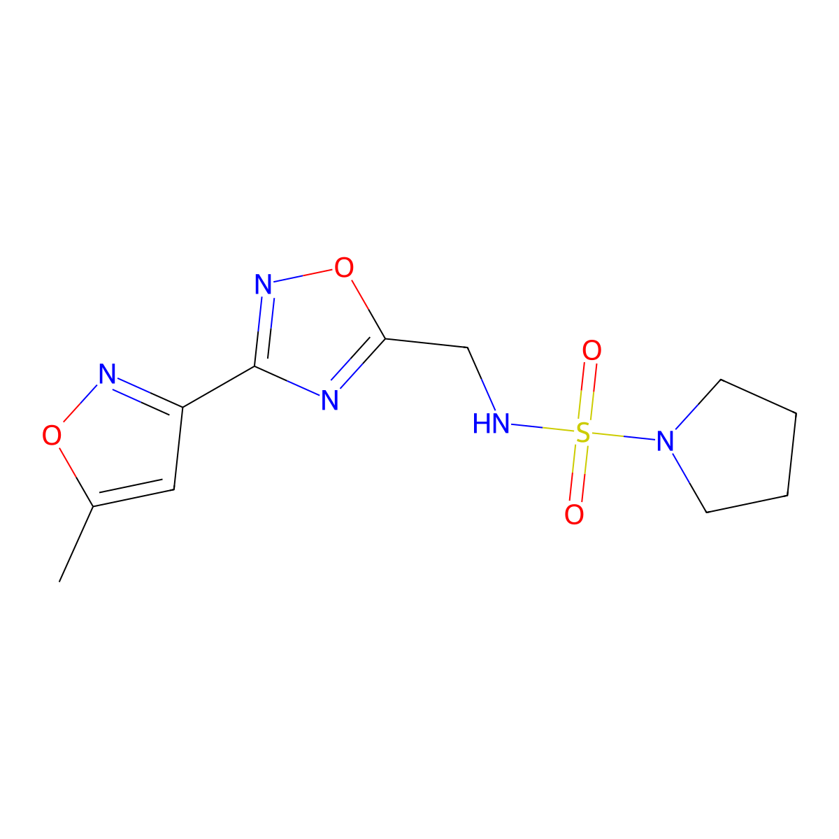N-{[3-(5-methyl-1,2-oxazol-3-yl)-1,2,4-oxadiazol-5-yl]methyl}pyrrolidine-1-sulfonamide molecular structure, CAS 2097862-02-5