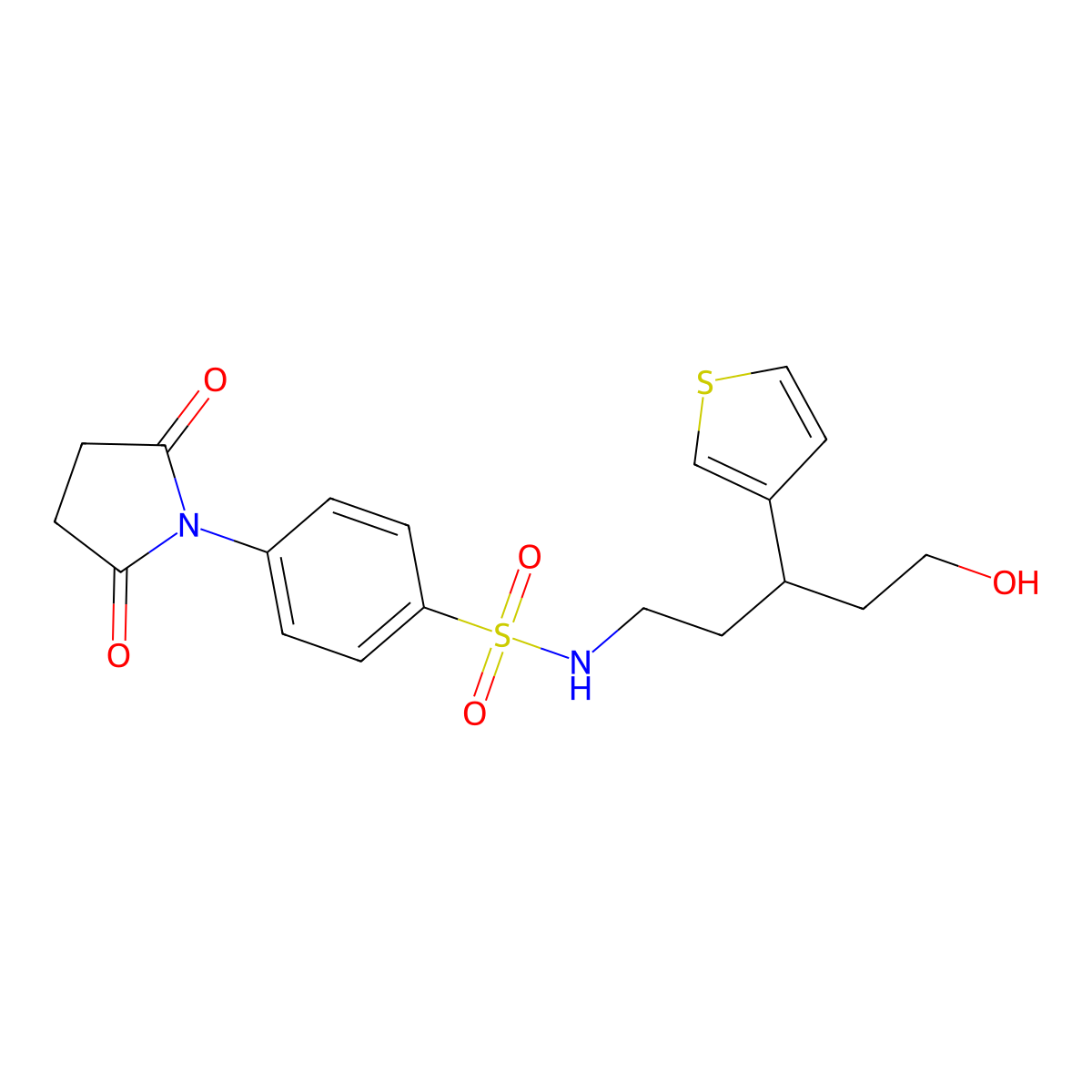 4-(2,5-dioxopyrrolidin-1-yl)-N-[5-hydroxy-3-(thiophen-3-yl)pentyl]benzene-1-sulfonamide molecular structure, CAS 2097862-06-9