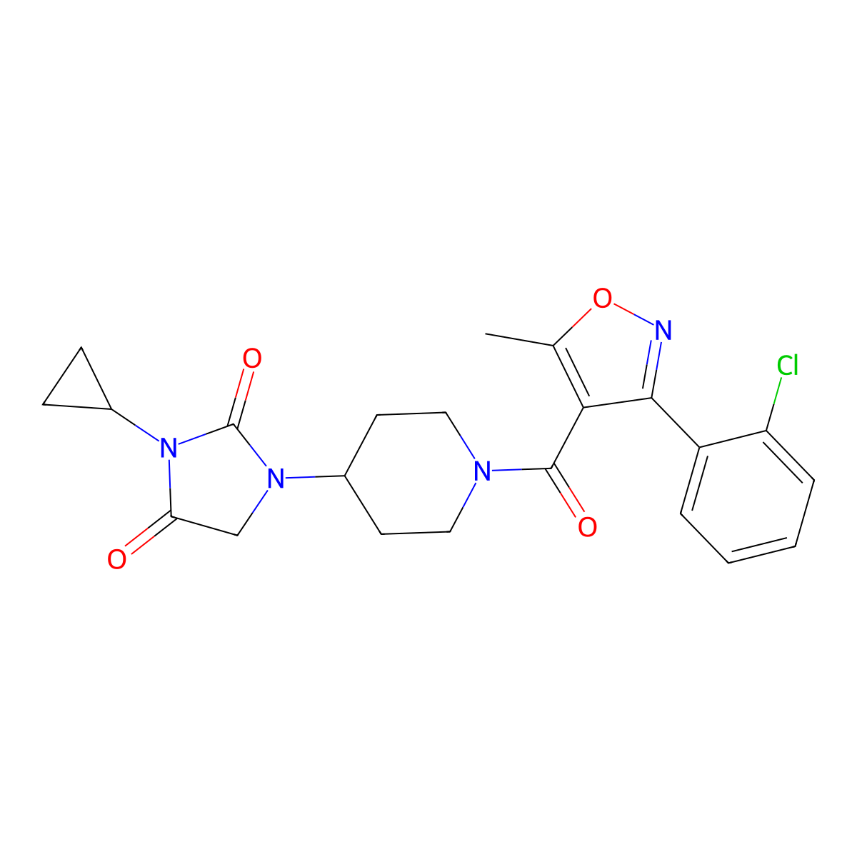 1-{1-[3-(2-Chlorophenyl)-5-methyl-1,2-oxazole-4-carbonyl]piperidin-4-yl}-3-cyclopropylimidazolidine-2,4-dione molecular structure, CAS 2097862-13-8