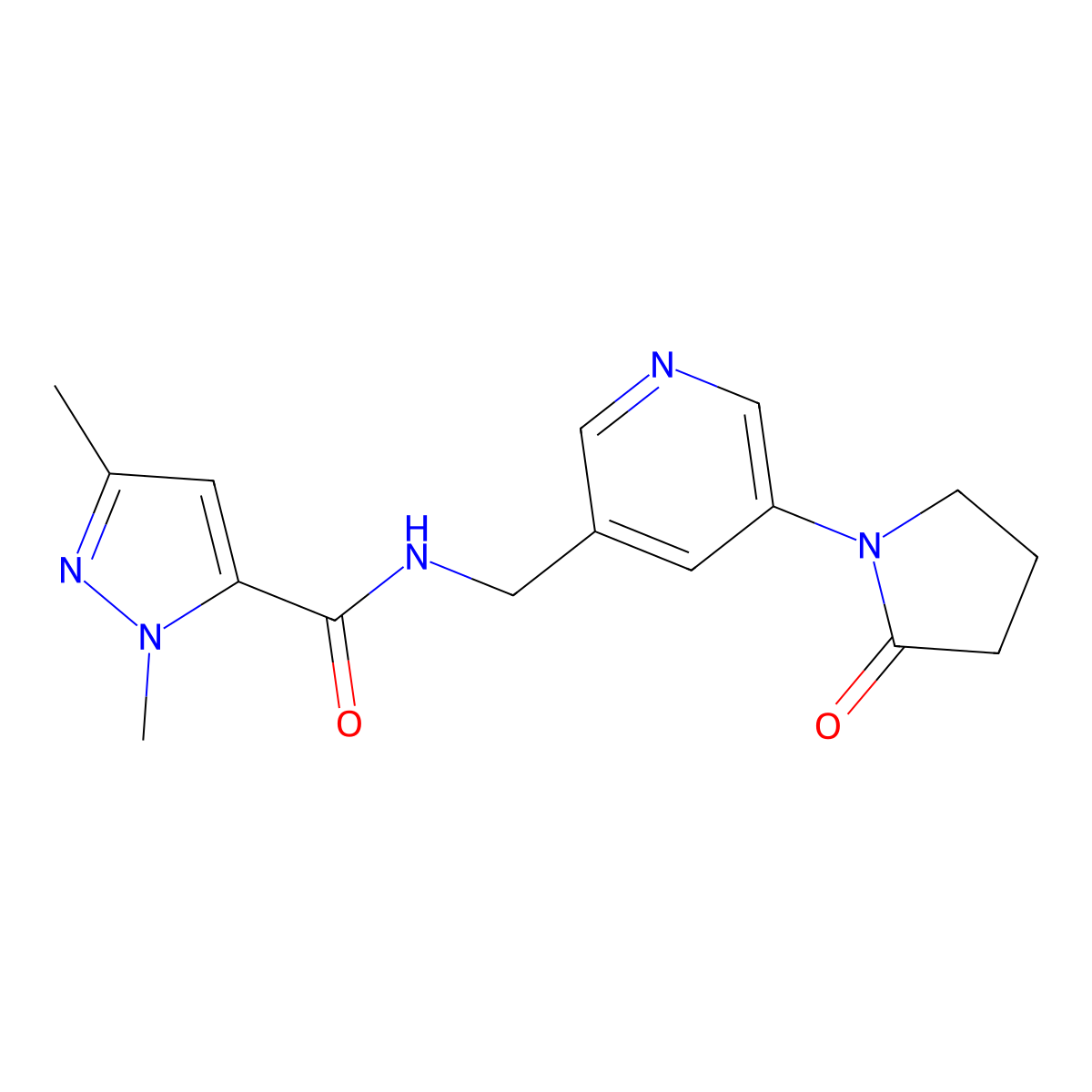 1,3-dimethyl-N-{[5-(2-oxopyrrolidin-1-yl)pyridin-3-yl]methyl}-1H-pyrazole-5-carboxamide molecular structure, CAS 2097862-15-0