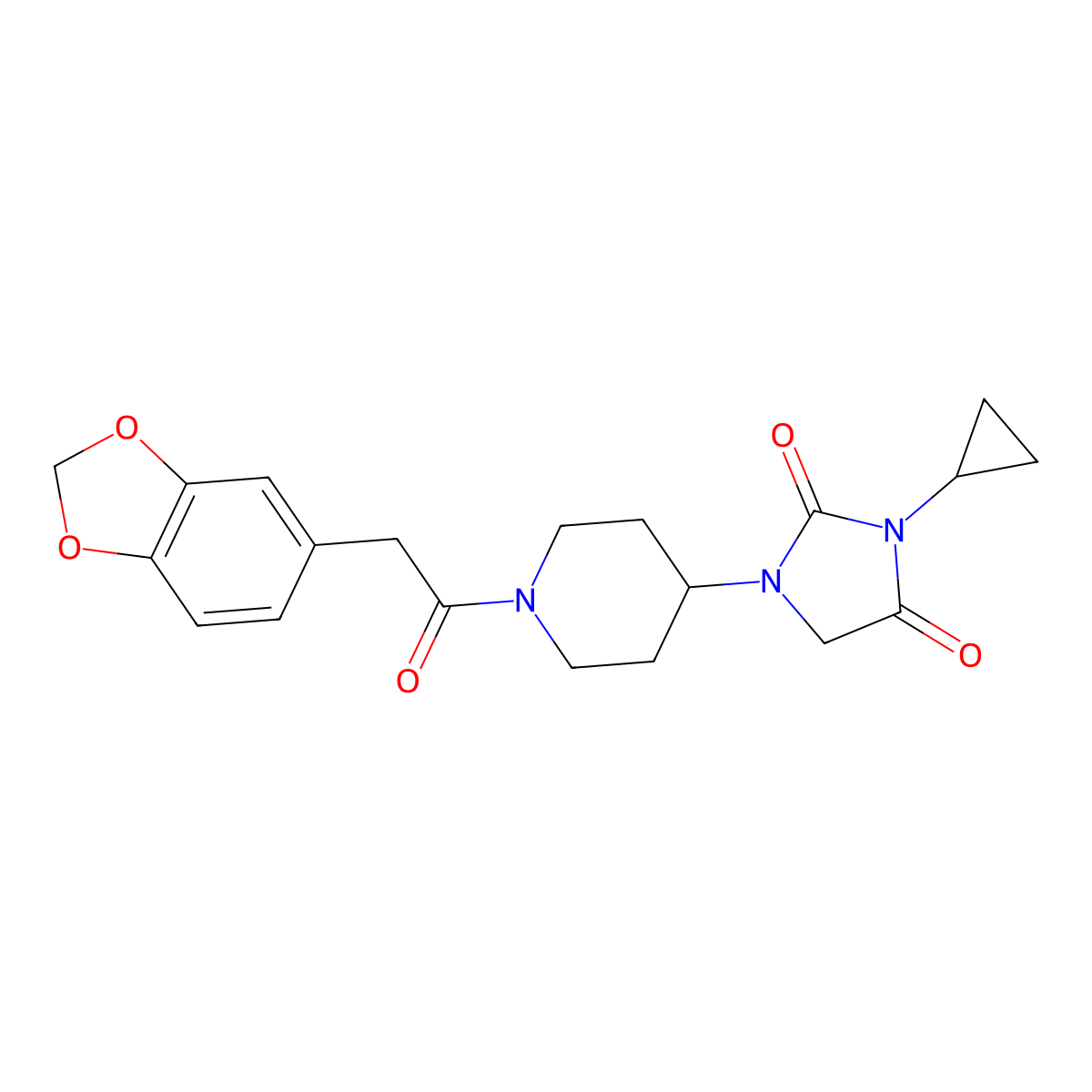 1-{1-[2-(2H-1,3-benzodioxol-5-yl)acetyl]piperidin-4-yl}-3-cyclopropylimidazolidine-2,4-dione molecular structure, CAS 2097862-18-3