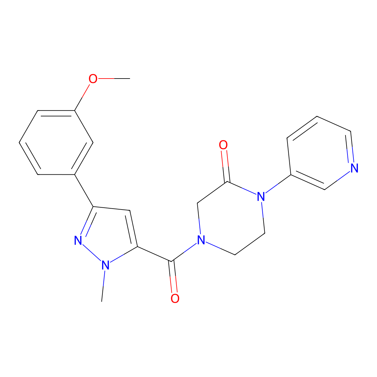 4-[3-(3-methoxyphenyl)-1-methyl-1H-pyrazole-5-carbonyl]-1-(pyridin-3-yl)piperazin-2-one molecular structure, CAS 2097862-34-3