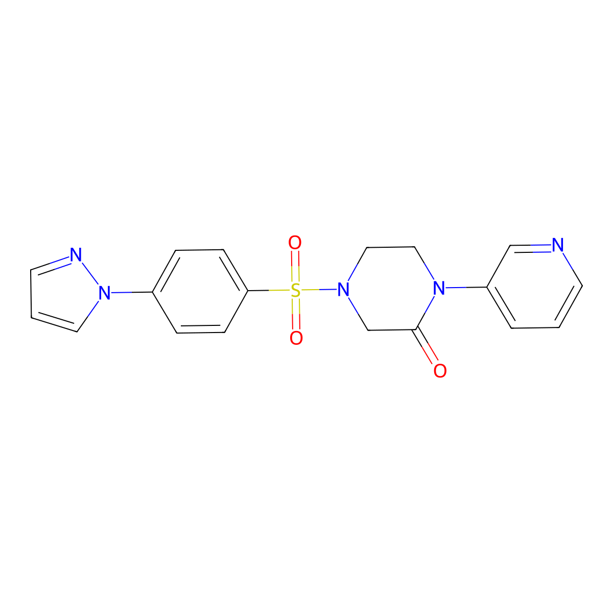 4-[4-(1H-pyrazol-1-yl)benzenesulfonyl]-1-(pyridin-3-yl)piperazin-2-one molecular structure, CAS 2097862-57-0
