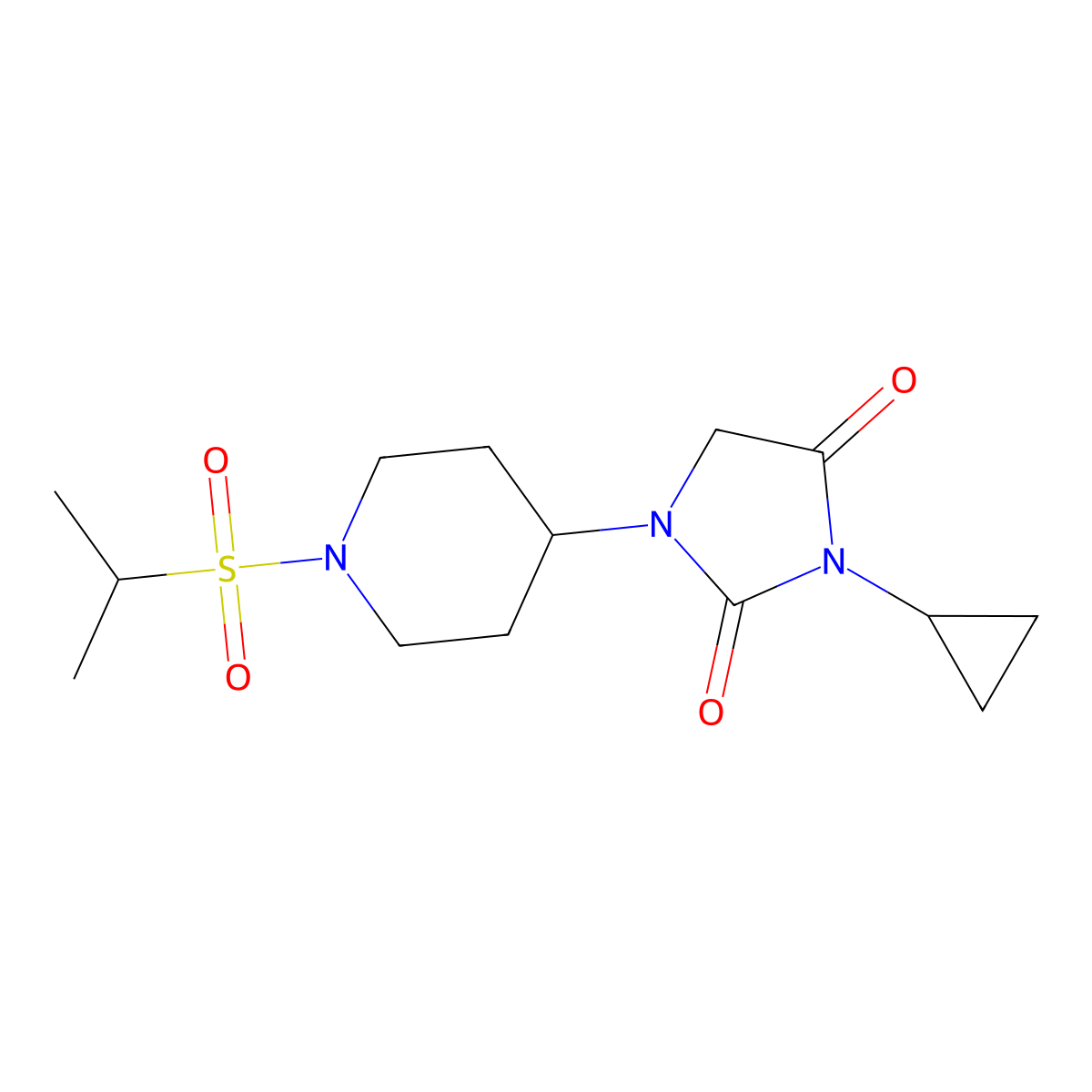 3-Cyclopropyl-1-[1-(propane-2-sulfonyl)piperidin-4-yl]imidazolidine-2,4-dione molecular structure, CAS 2097862-60-5