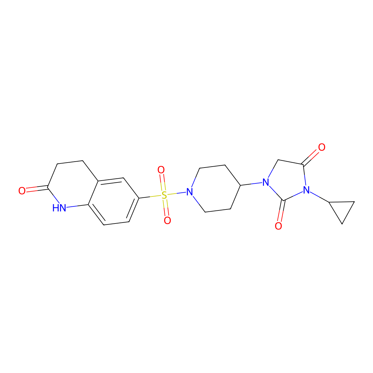 3-Cyclopropyl-1-{1-[(2-oxo-1,2,3,4-tetrahydroquinolin-6-yl)sulfonyl]piperidin-4-yl}imidazolidine-2,4-dione molecular structure, CAS 2097862-61-6