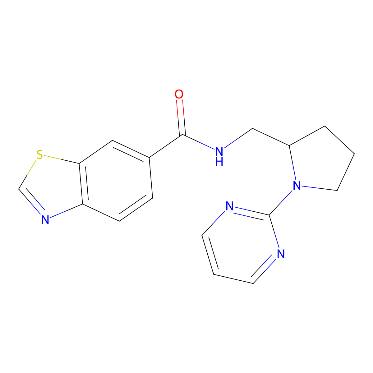 N-{[1-(pyrimidin-2-yl)pyrrolidin-2-yl]methyl}-1,3-benzothiazole-6-carboxamide molecular structure, CAS 2097862-71-8