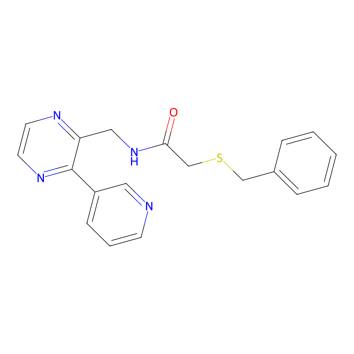 2-(benzylsulfanyl)-N-{[3-(pyridin-3-yl)pyrazin-2-yl]methyl}acetamide molecular structure, CAS 2097862-76-3