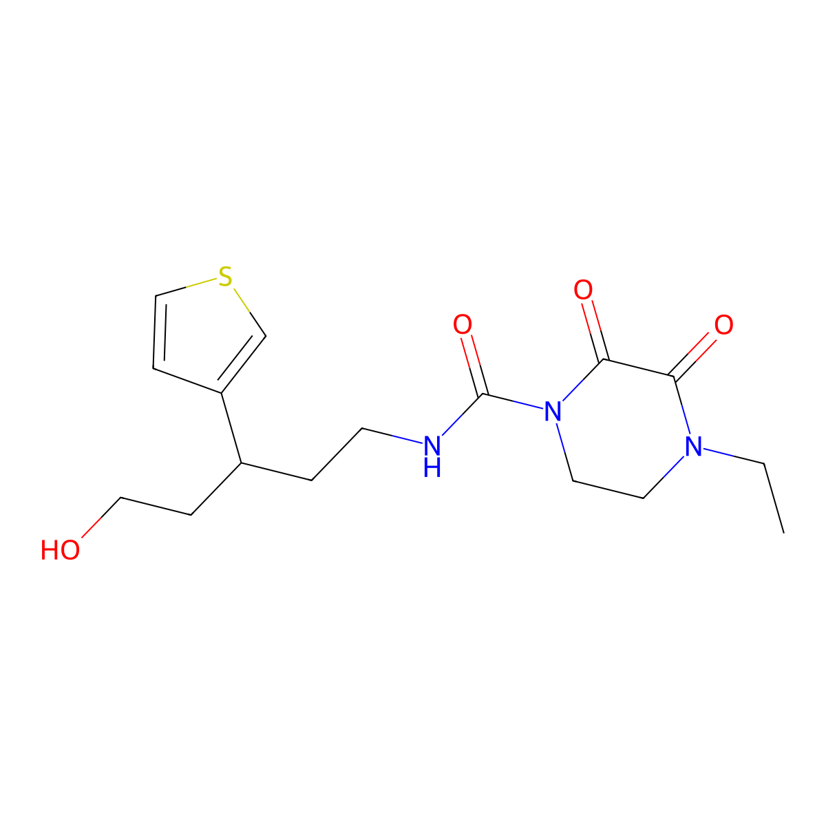 4-ethyl-N-[5-hydroxy-3-(thiophen-3-yl)pentyl]-2,3-dioxopiperazine-1-carboxamide molecular structure, CAS 2097862-86-5