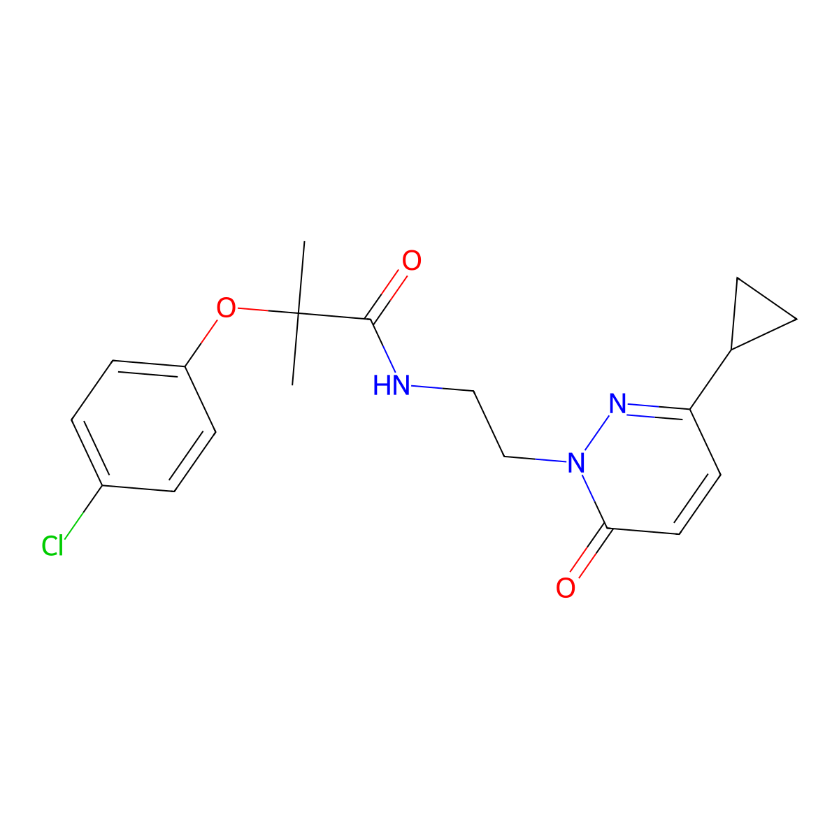 2-(4-chlorophenoxy)-N-(2-(3-cyclopropyl-6-oxopyridazin-1(6H)-yl)ethyl)-2-methylpropanamide molecular structure, CAS 2097862-98-9