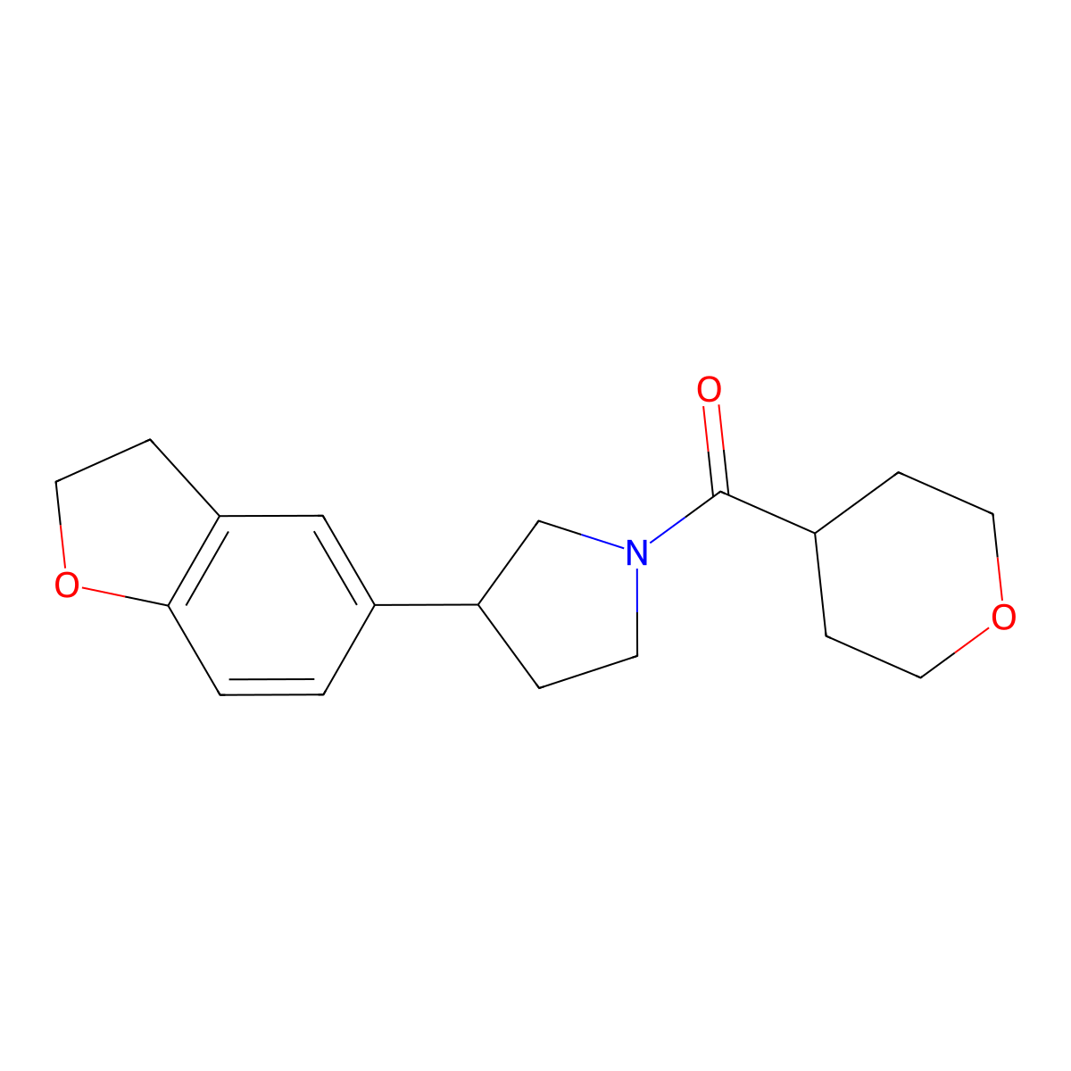 3-(2,3-Dihydro-1-benzofuran-5-yl)-1-(oxane-4-carbonyl)pyrrolidine molecular structure, CAS 2097863-07-3