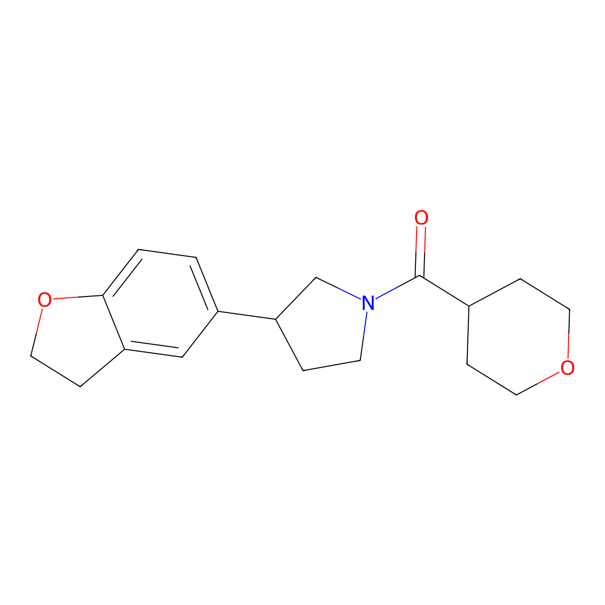 3-(2,3-Dihydro-1-benzofuran-5-yl)-1-(oxane-4-carbonyl)pyrrolidine molecular structure, CAS 2097863-07-3