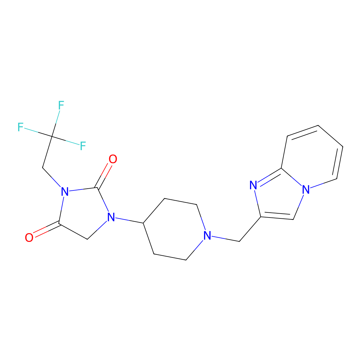 1-[1-({Imidazo[1,2-a]pyridin-2-yl}methyl)piperidin-4-yl]-3-(2,2,2-trifluoroethyl)imidazolidine-2,4-dione molecular structure, CAS 2097863-14-2