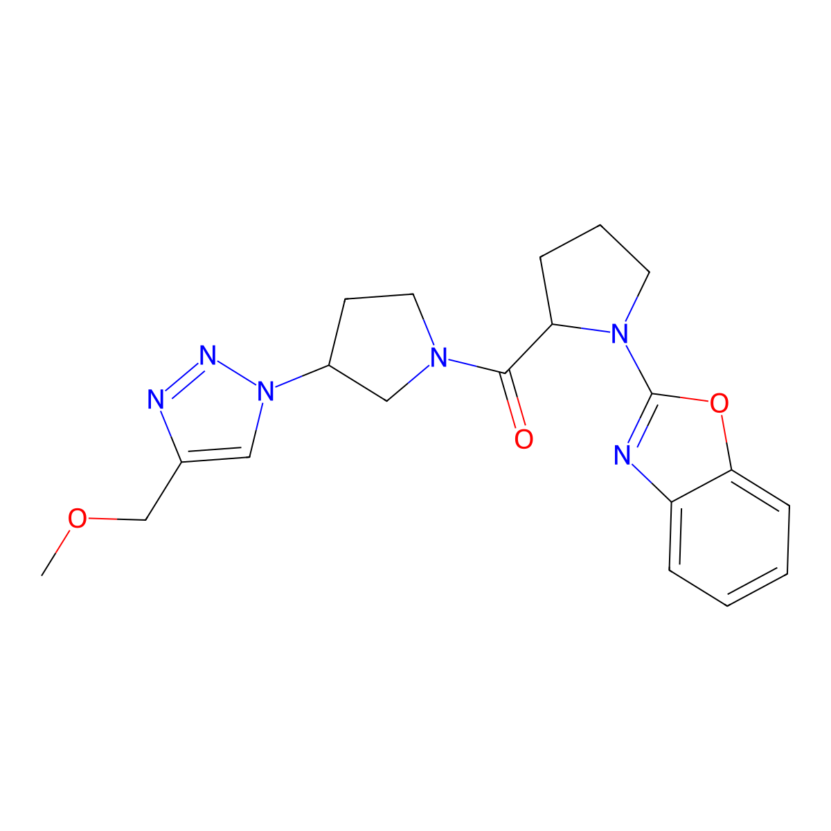 2-(2-{3-[4-(methoxymethyl)-1H-1,2,3-triazol-1-yl]pyrrolidine-1-carbonyl}pyrrolidin-1-yl)-1,3-benzoxazole molecular structure, CAS 2097863-33-5