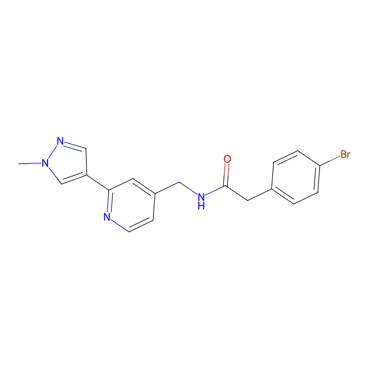 2-(4-bromophenyl)-N-{[2-(1-methyl-1H-pyrazol-4-yl)pyridin-4-yl]methyl}acetamide molecular structure, CAS 2097863-35-7