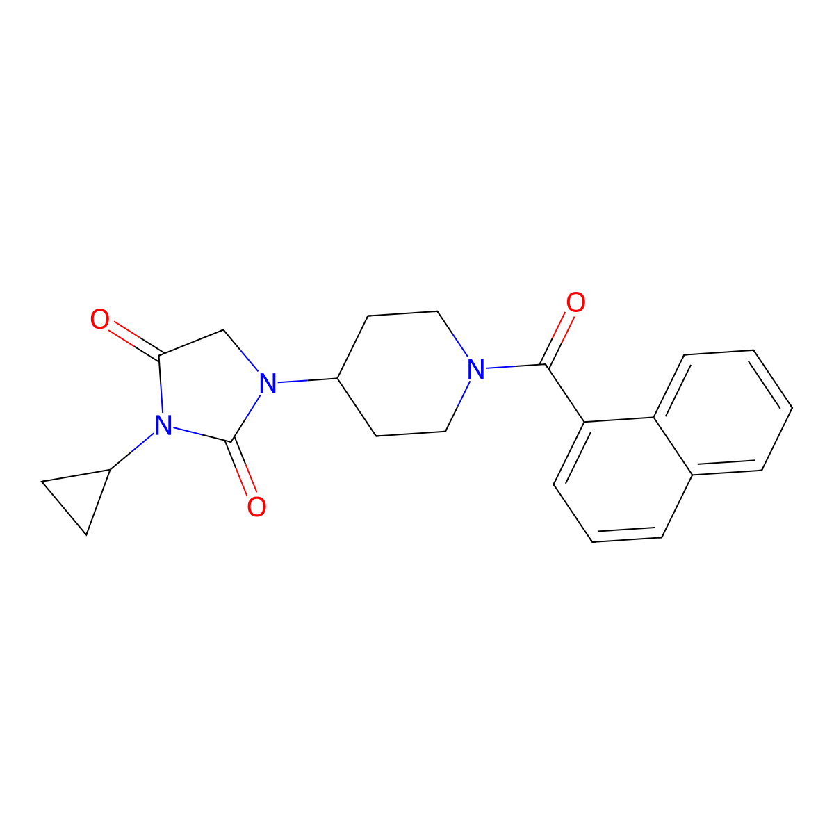 3-Cyclopropyl-1-[1-(naphthalene-1-carbonyl)piperidin-4-yl]imidazolidine-2,4-dione molecular structure, CAS 2097863-44-8