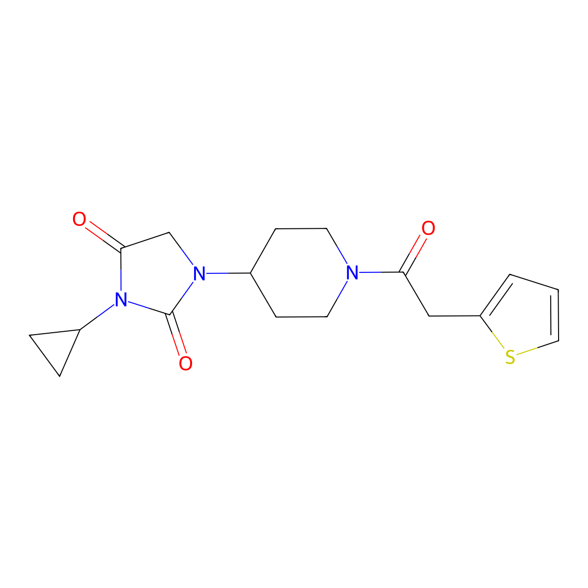 3-Cyclopropyl-1-{1-[2-(thiophen-2-yl)acetyl]piperidin-4-yl}imidazolidine-2,4-dione molecular structure, CAS 2097863-56-2
